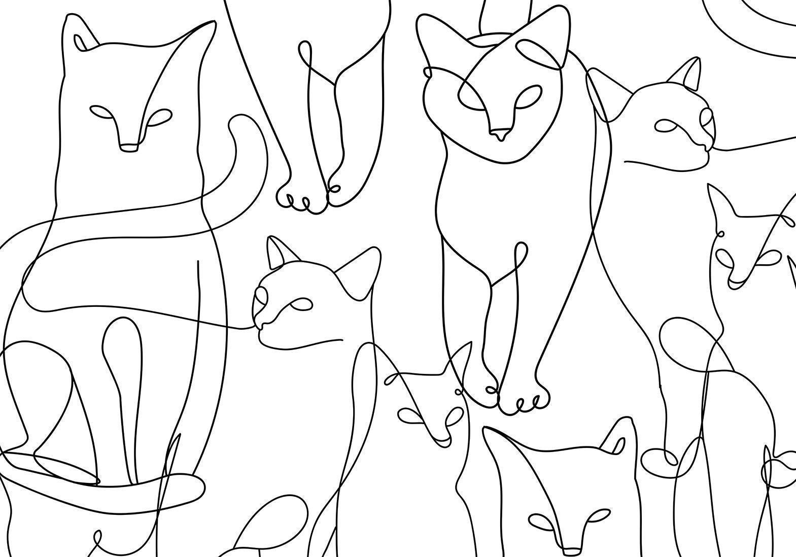 Papier peint - Cat lineart - minimalist sketches of black cats on white background