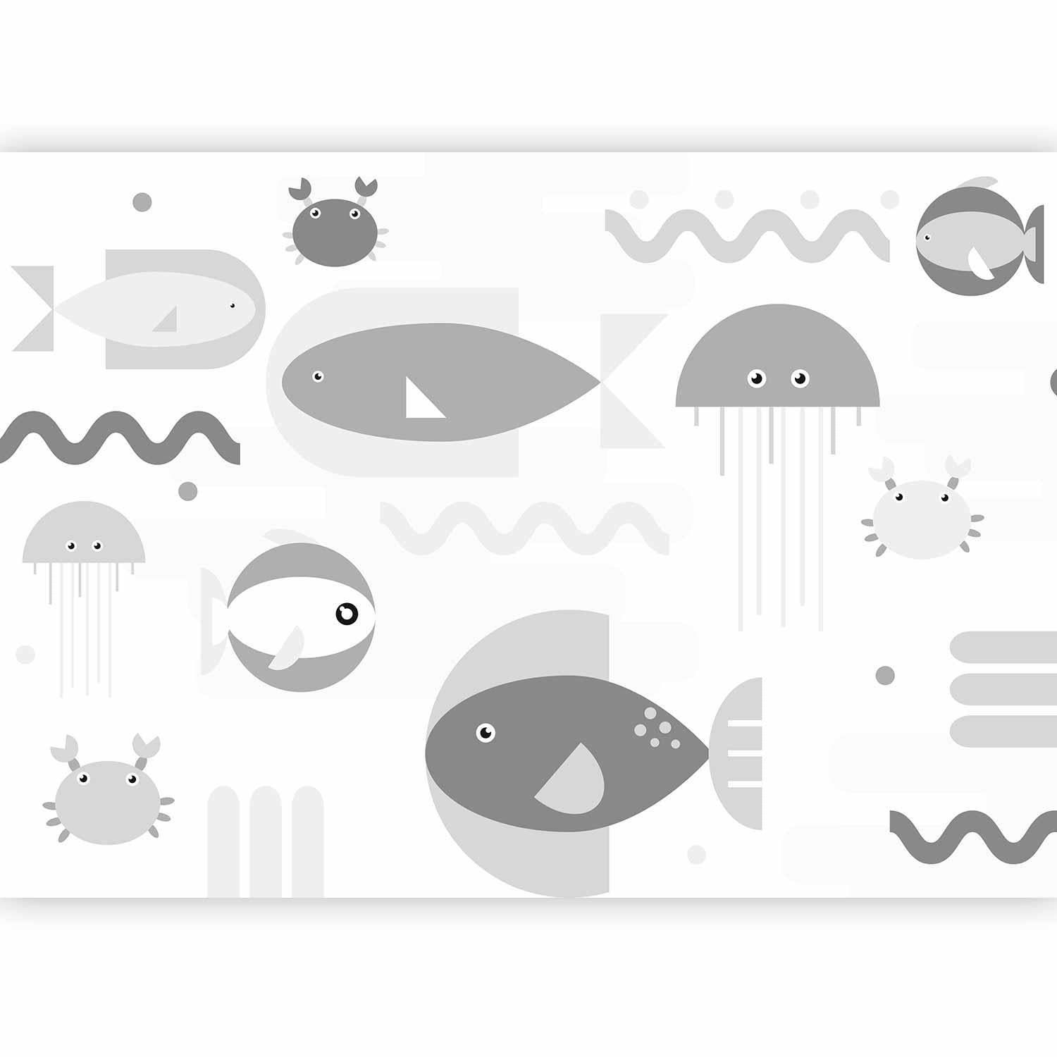 Papier peint - Minimalist grey ocean - geometric fish in water for children