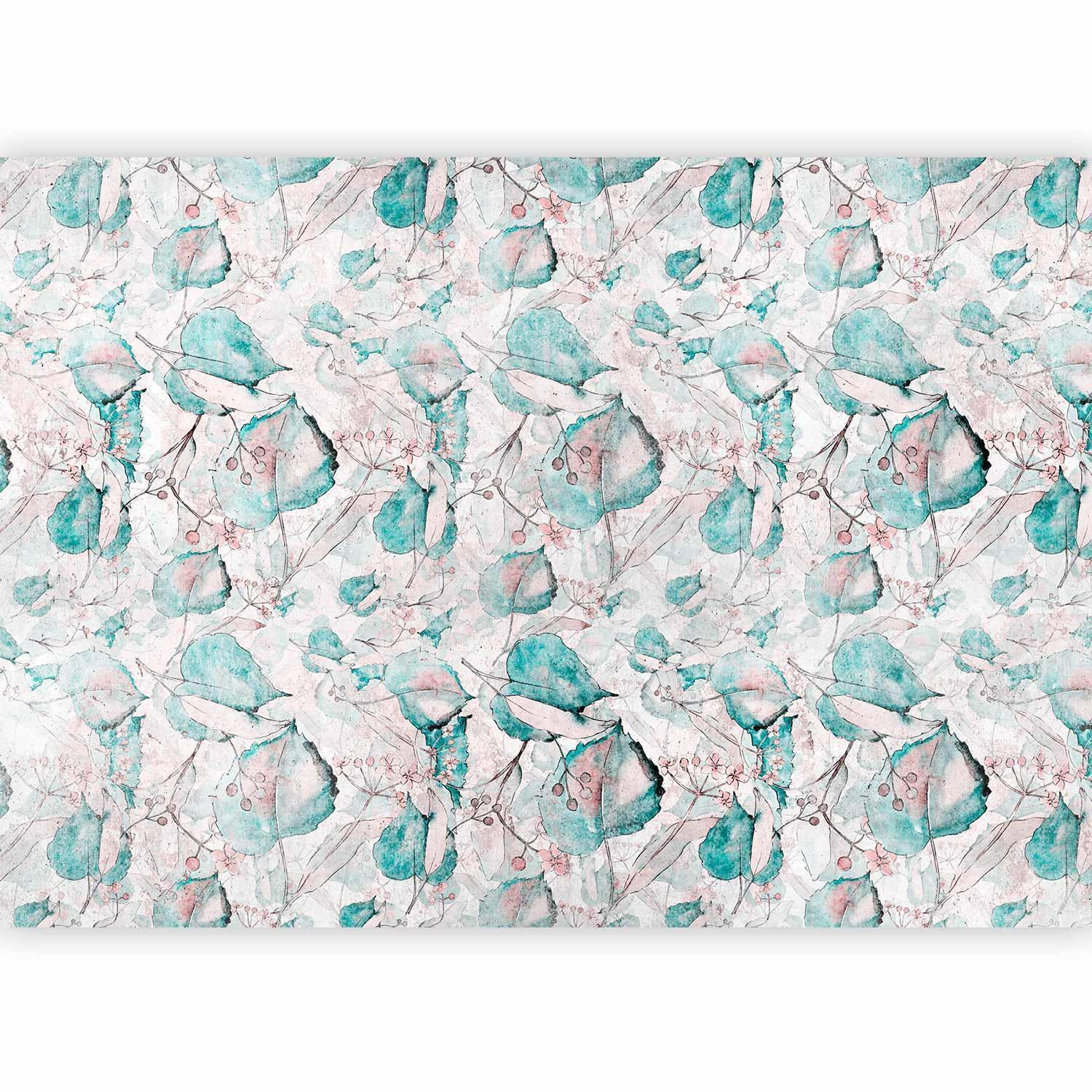 Papier peint - Autumn souvenirs - floral pattern with turquoise leaves