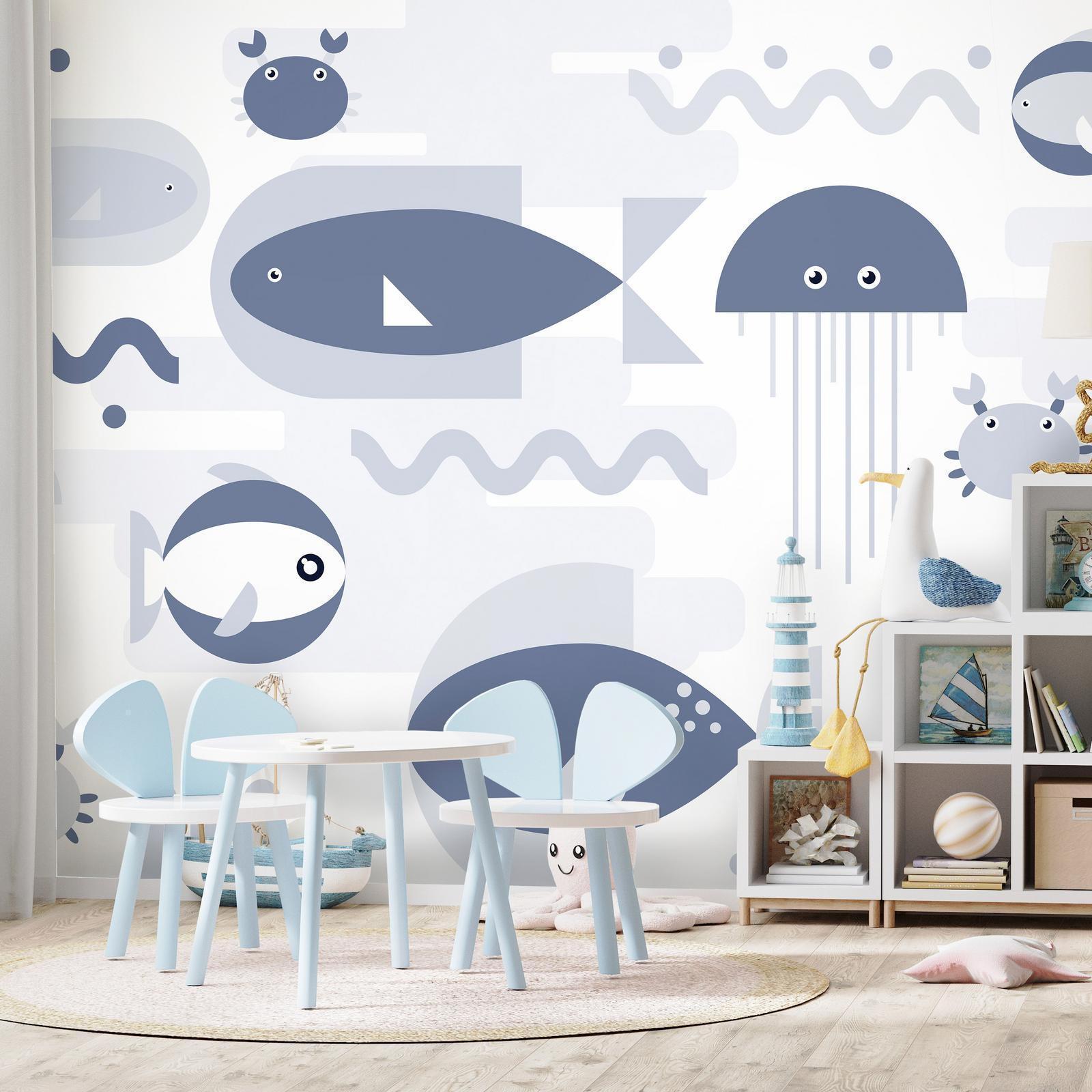 Papier peint - Minimalist ocean - geometric fish and crabs in water for kids