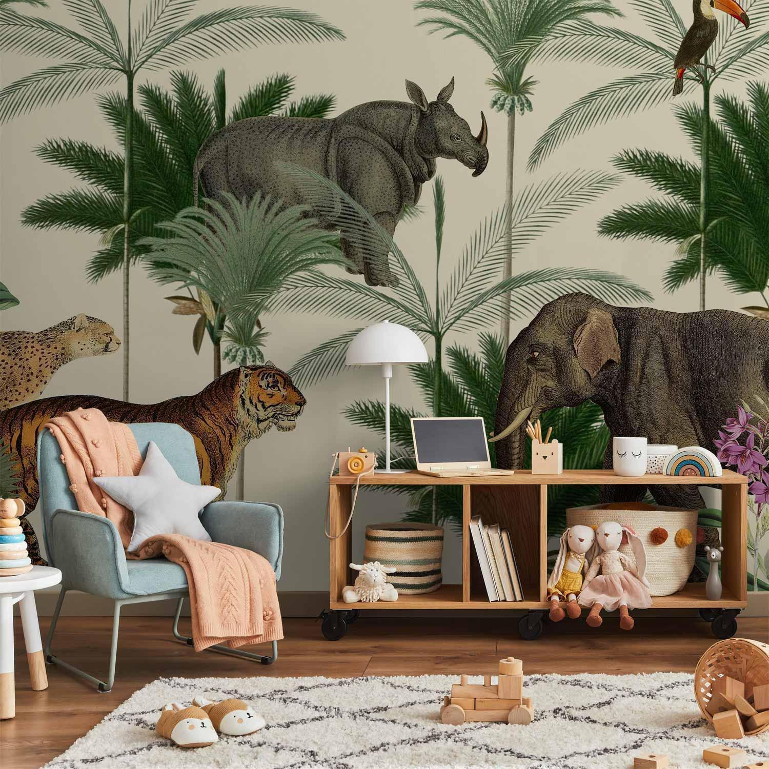 Papier peint - Jungle Land With Animals in the Style of Old Engravings