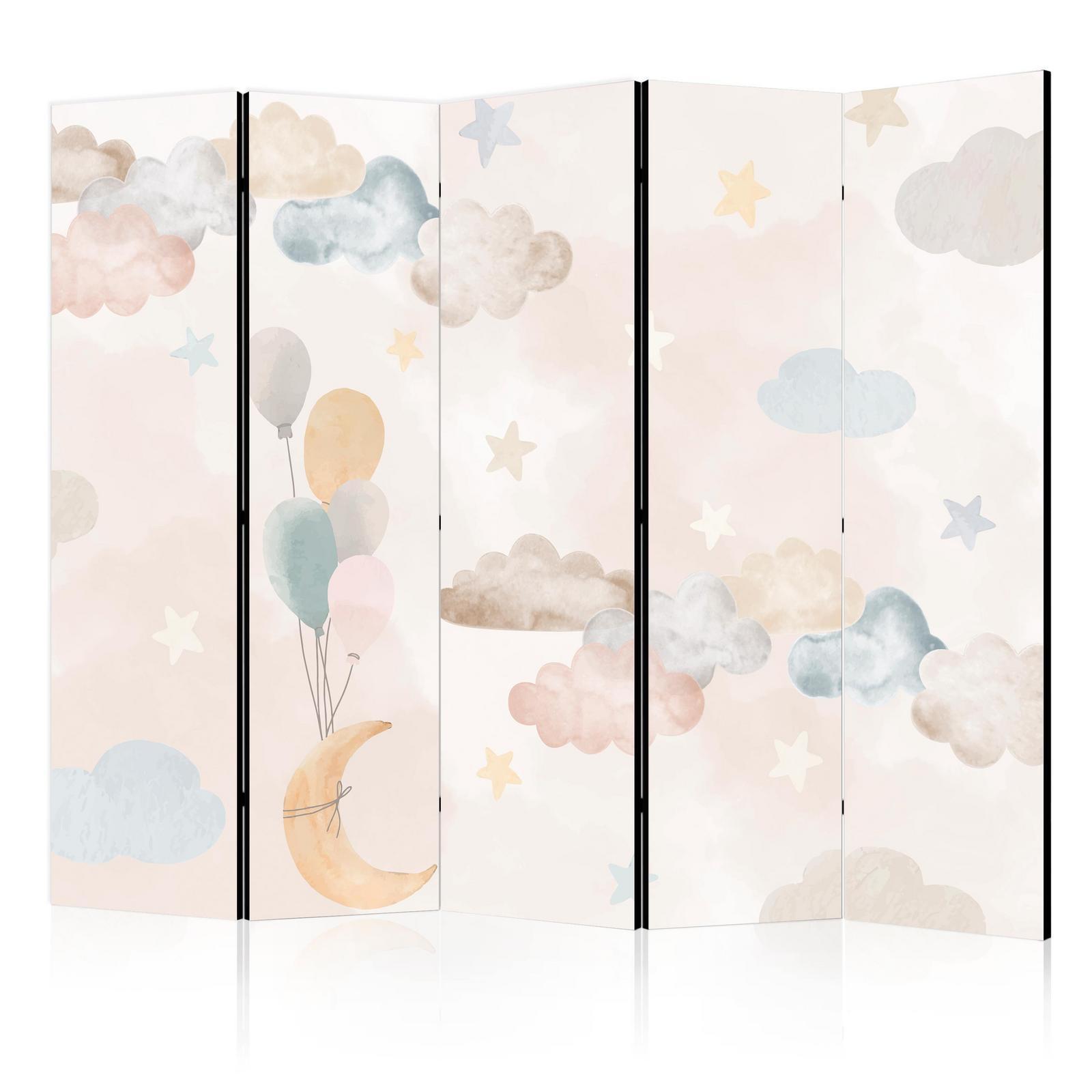 Paravent - Fairy-Tale Moon - Moon with Balloons Among Clouds and Stars in Subdued Colors on a Light Beige Background