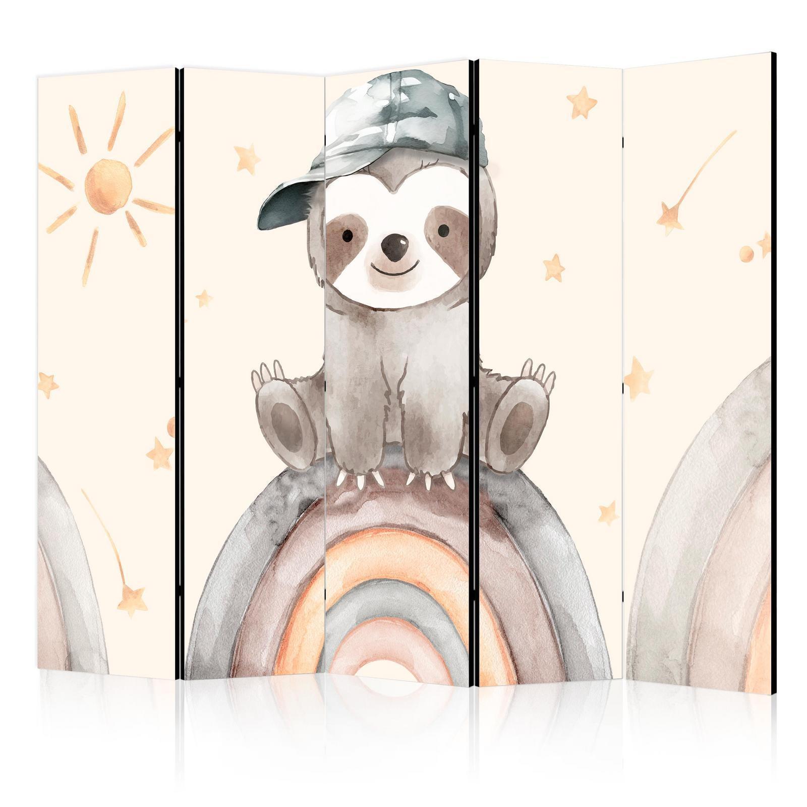 Paravent - Happy Sloth - Sloth in Muted Colors - Wearing a Cap - Sitting on a Rainbow Among the Stars