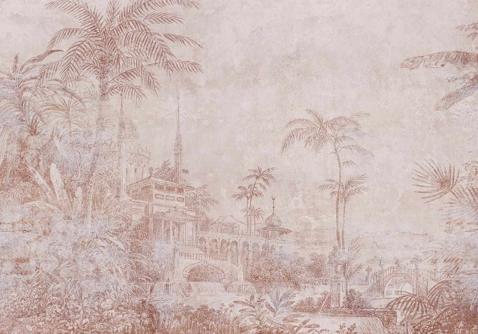 Papier peint - Landscape with temple - engraving of Indian architecture with palm trees