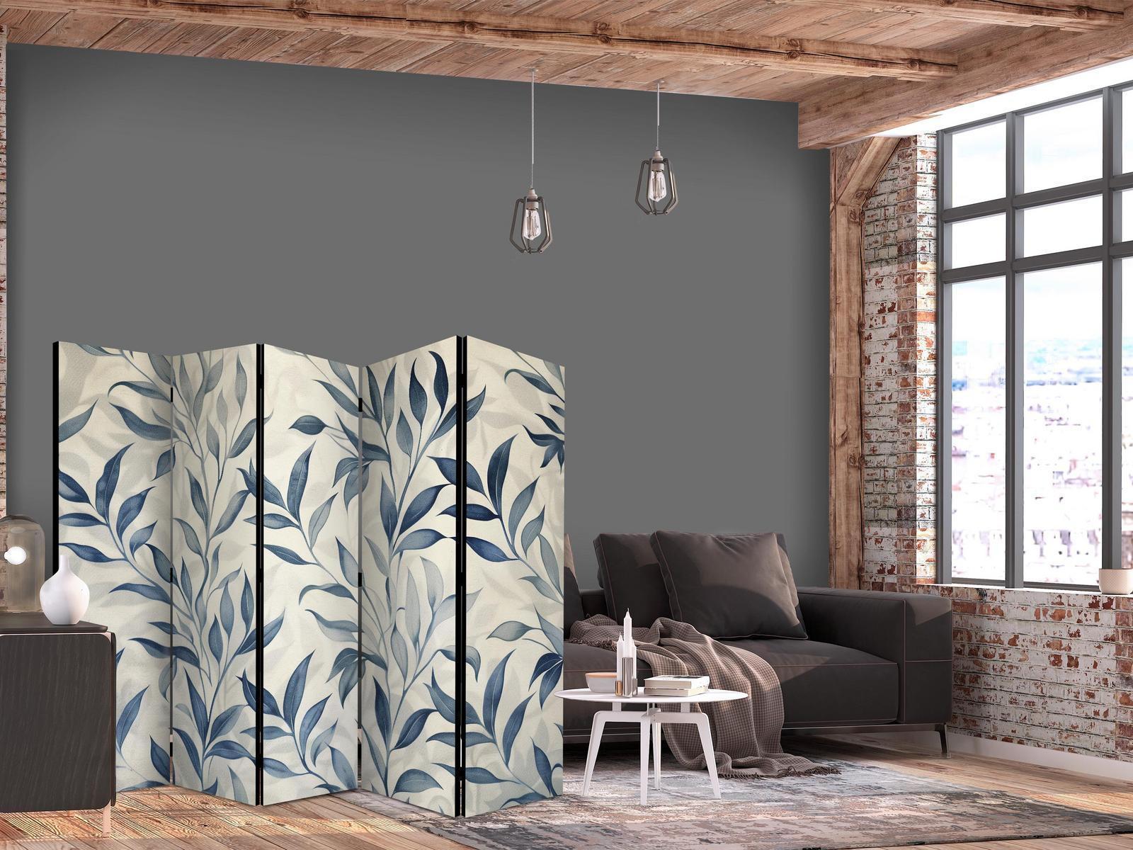 Paravent - Leaves in Blue Colors - Delicate Botanical Motif