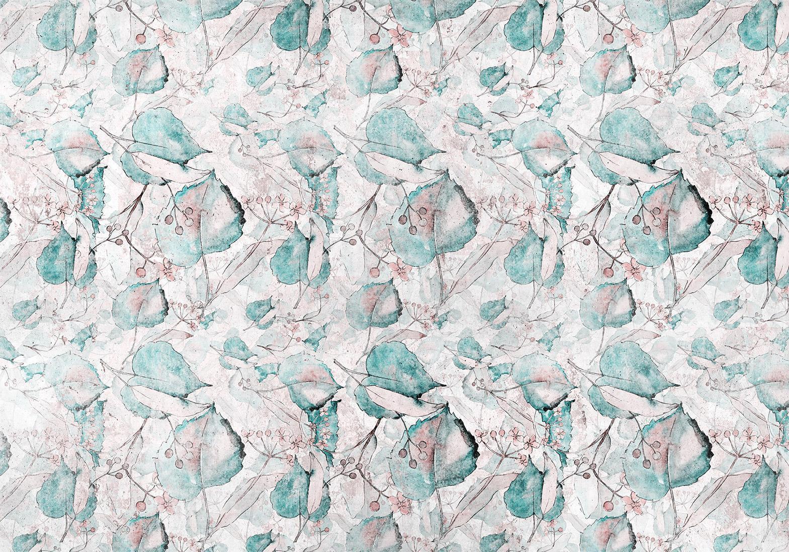 Papier peint - Autumn souvenirs - floral pattern with turquoise leaves