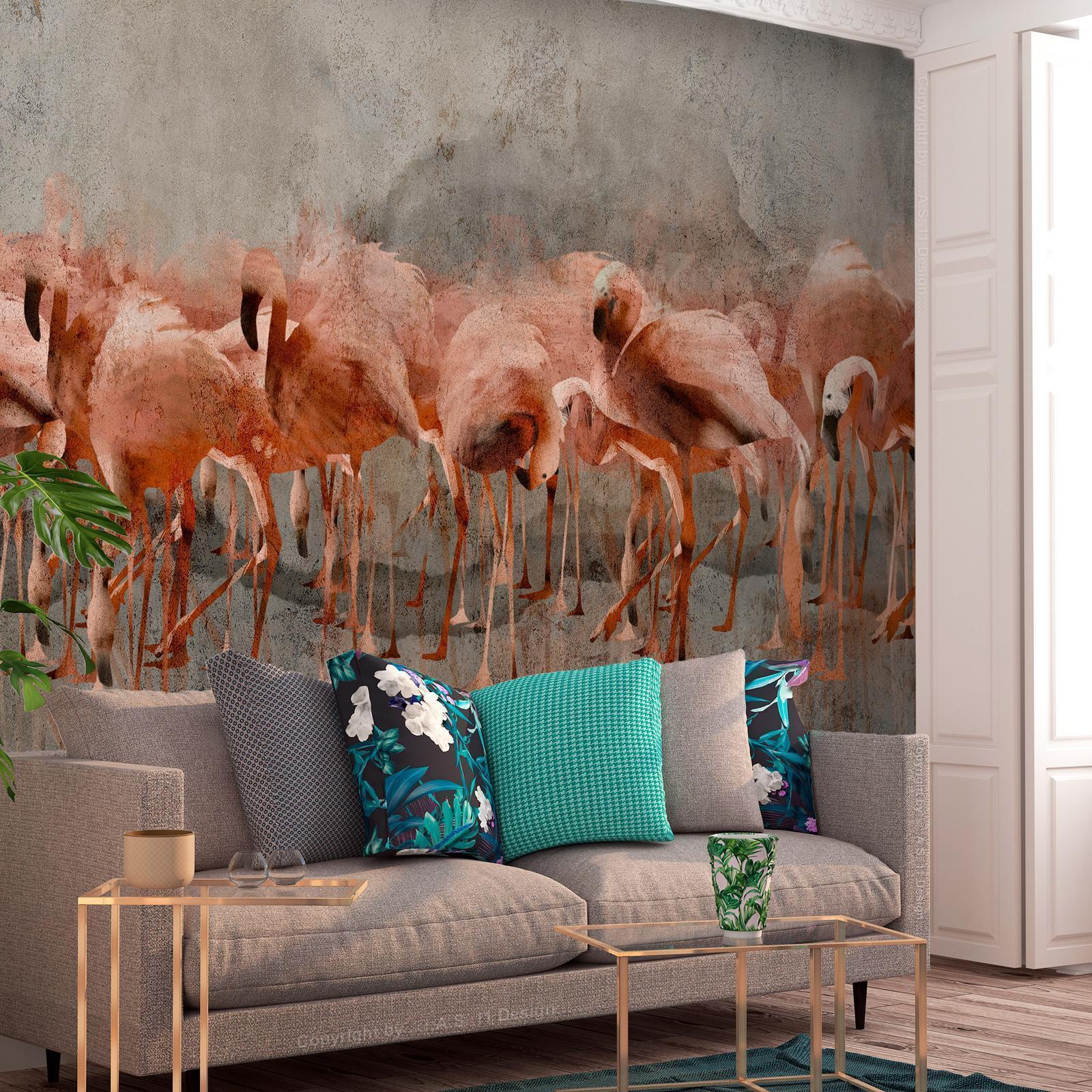 Papier peint - Exotic birds - pink flamingos with shadow on grey concrete background