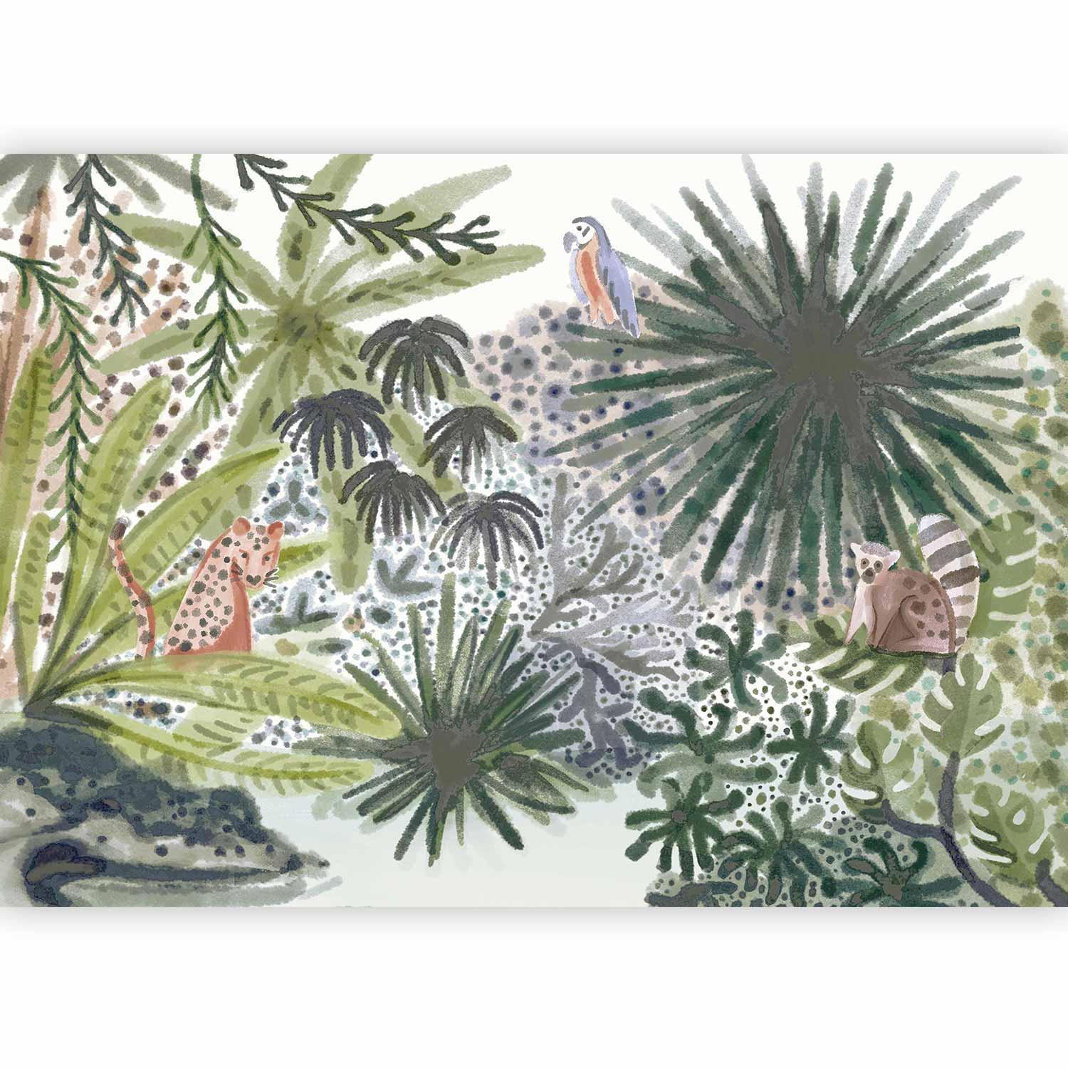 Papier peint - Flora of Madagascar - Tropical Landscape With Watercolour Animals