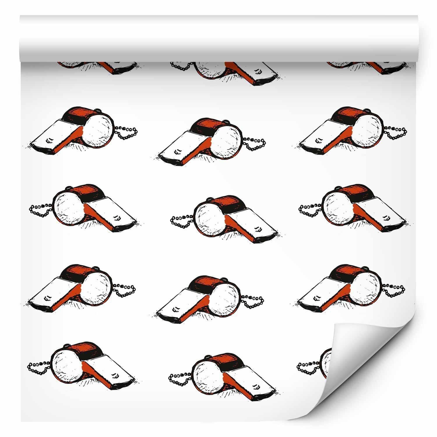 Tapisserie murale - Soccer Whistles - Black and white with red accents on a white background