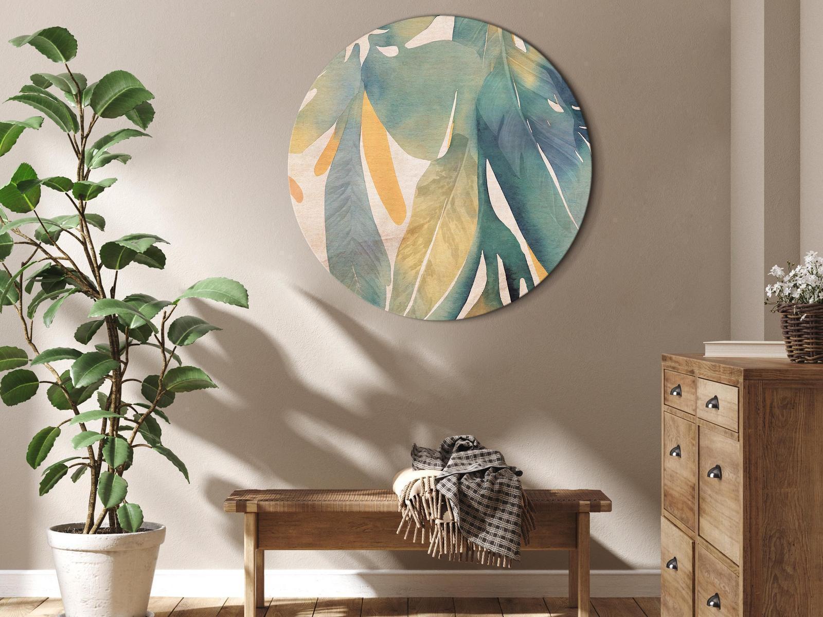 Tableau rond - Watercolor exotics - Hanging delicate tropical plants in colors of green and yellow on a beige background/Watercolor tropics