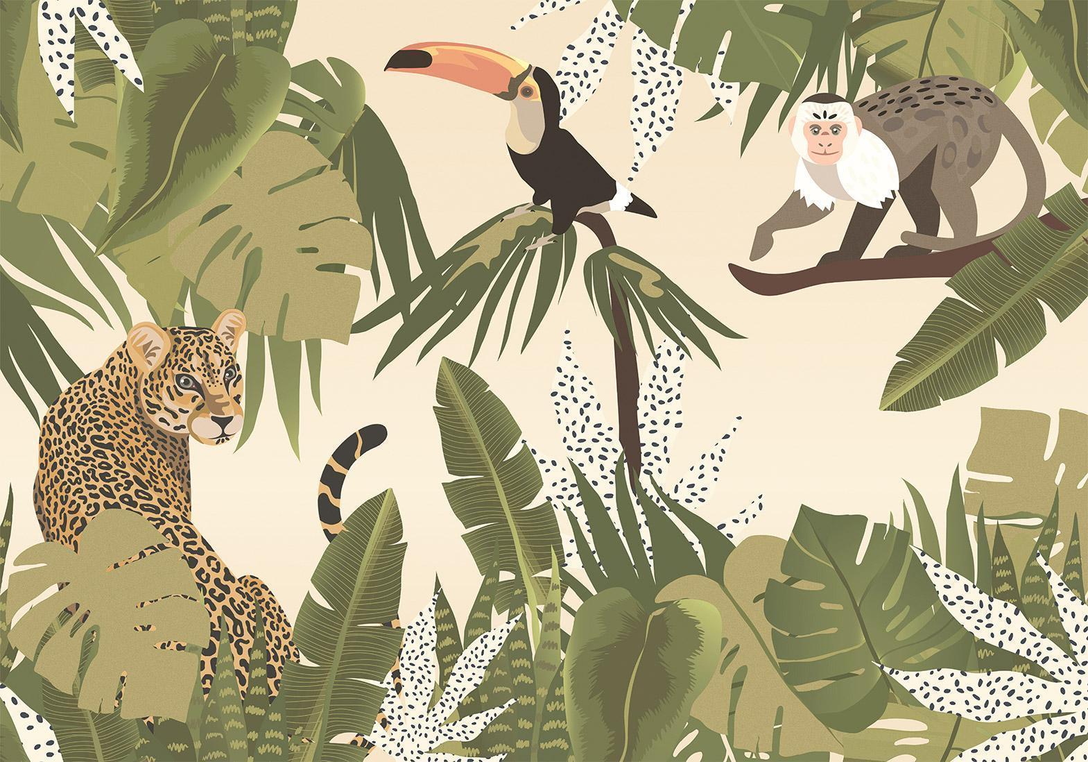 Papier peint - Leaves and Shapes - Jungle in Faded Colours With Animals