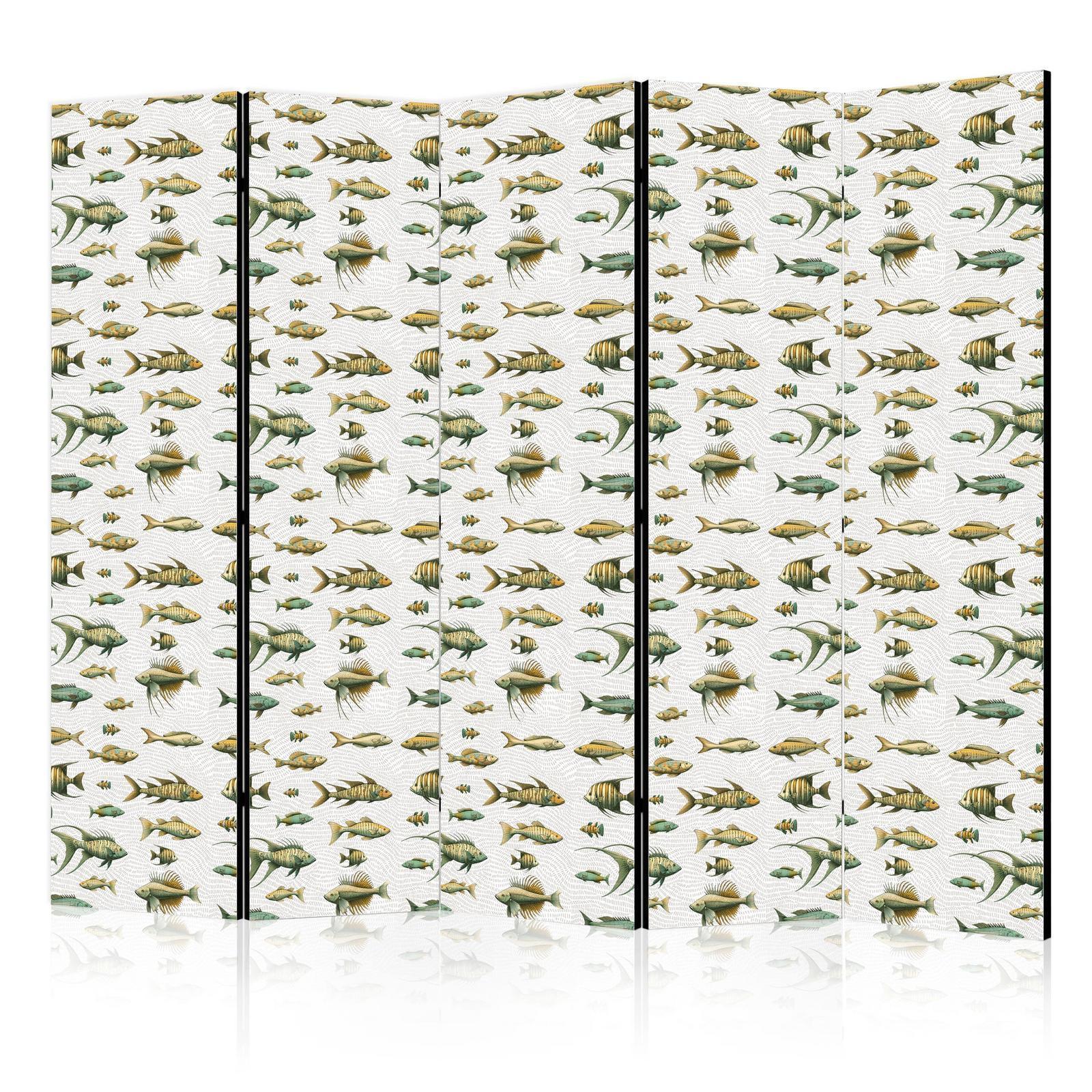 Paravent - Unusual Species of Fish - a Cluster of Fish in Muted Colors in Retro Style Against a Background of Beige Streaks