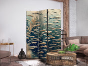 Paravent - Life in the Ocean - Underwater World of Fish and Vegetation in Beige and Navy Colors in Retro Style