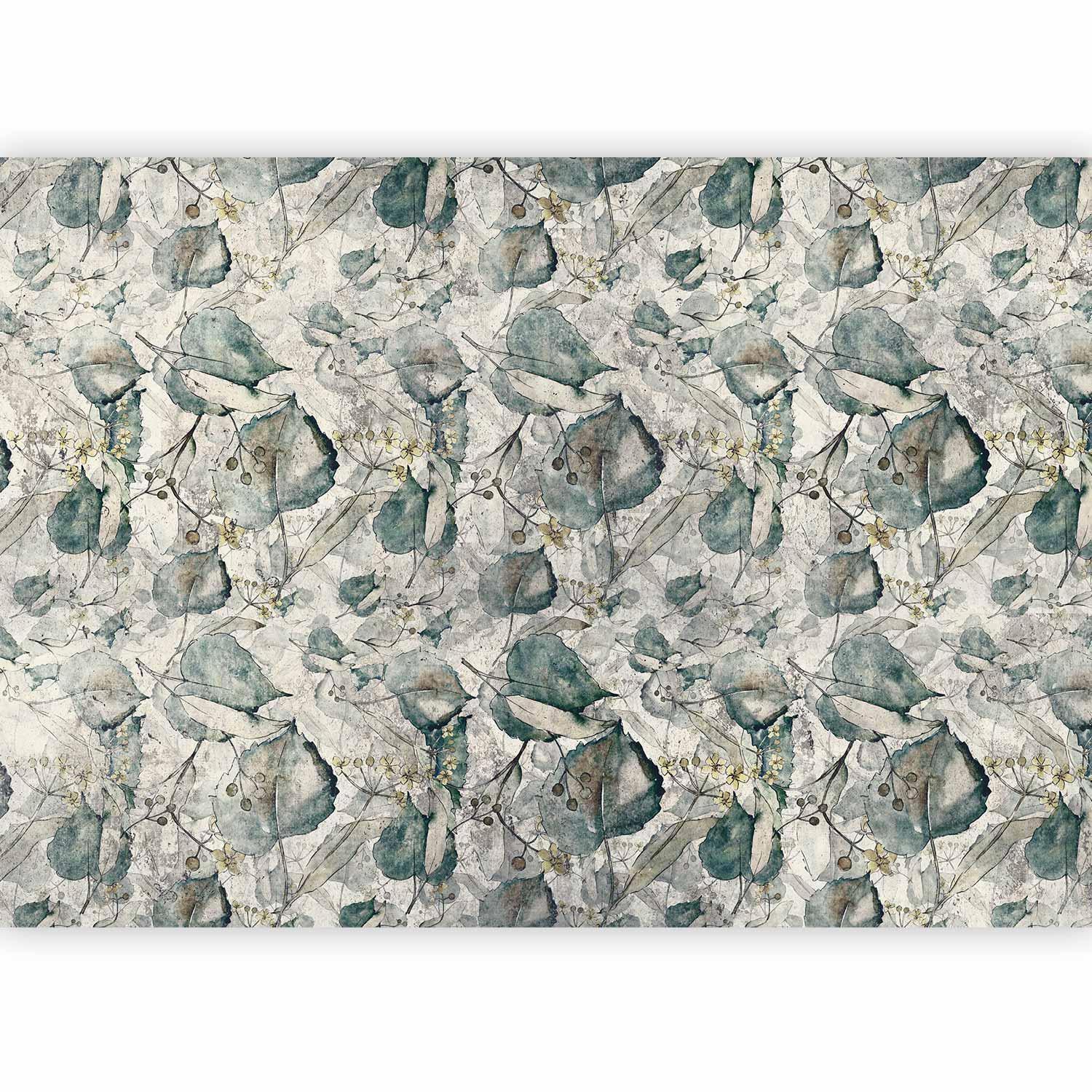 Papier peint - Autumn souvenirs - cool grey floral pattern with leaves