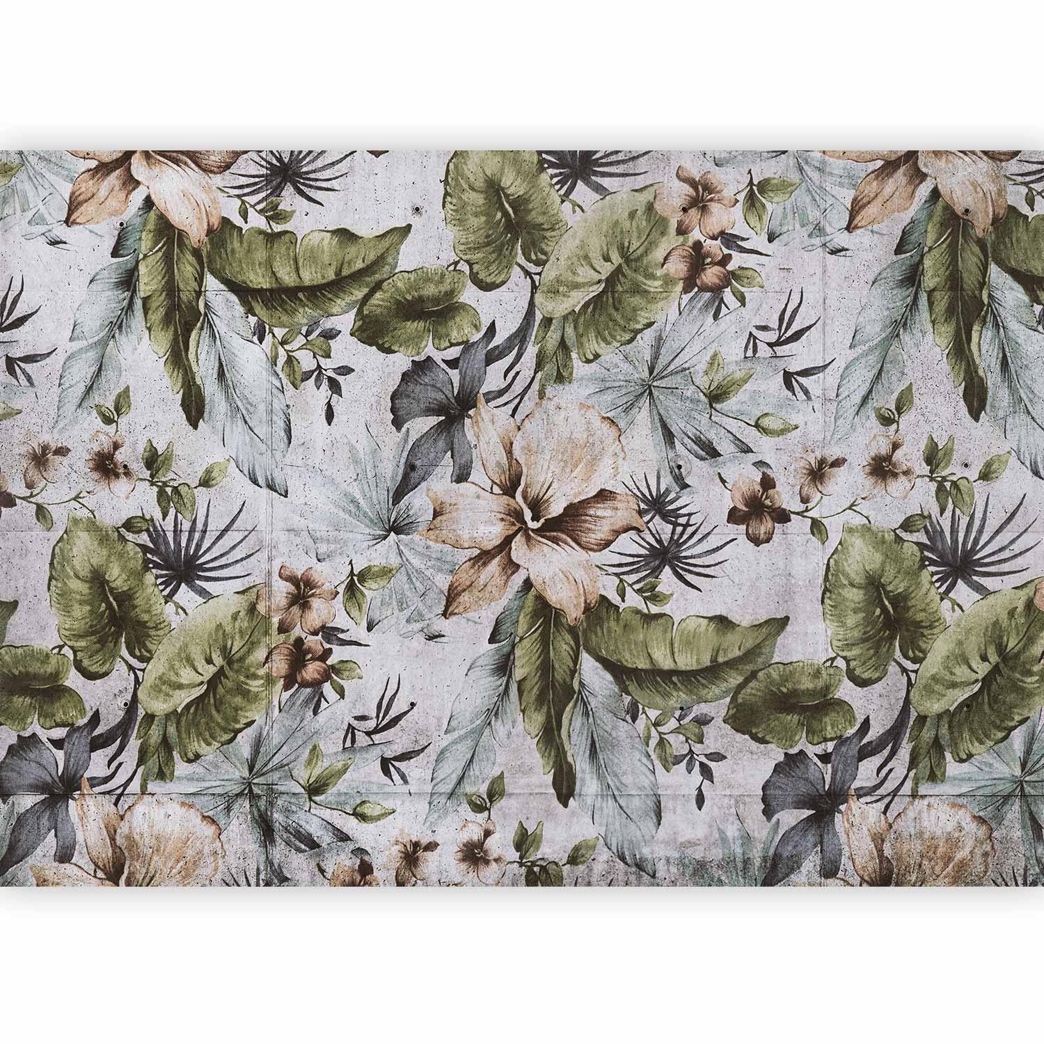 Papier peint - Nature in retro style - jungle landscape with pale leaves and flowers