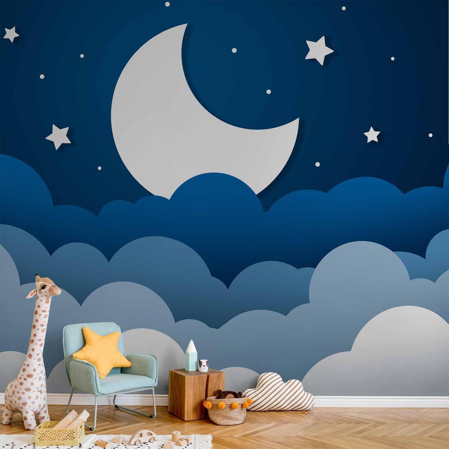 Papier peint - Moon dream - clouds on a dark blue sky with stars for children