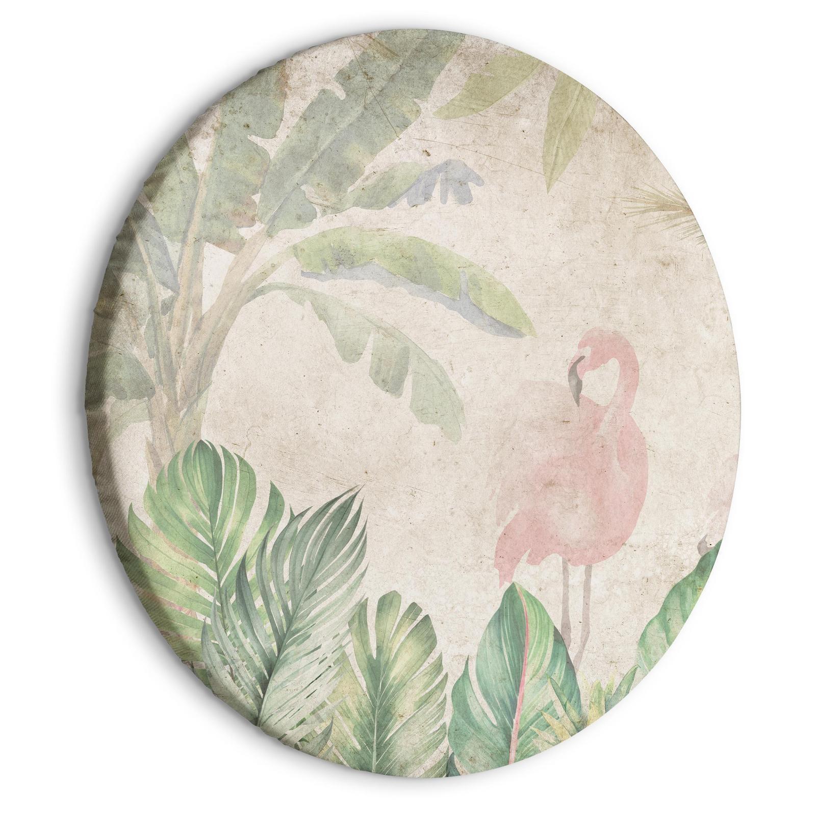 Tableau rond - Birds wading among exotic flora - Flamingos amidst lush tropical vegetation in soft pastel shades of green/Birds in the jungle