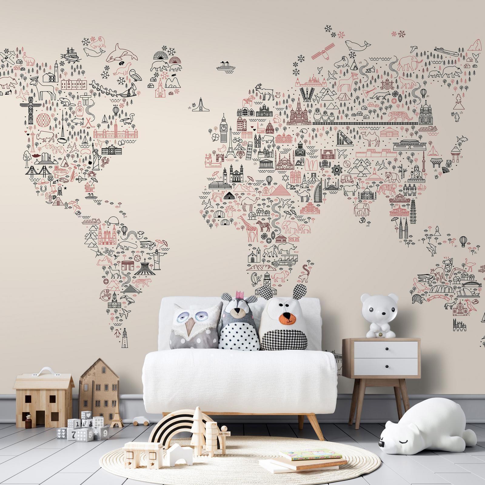 Papier peint - Map With Icons - Cartoon Representation of the World in Pastel Colours