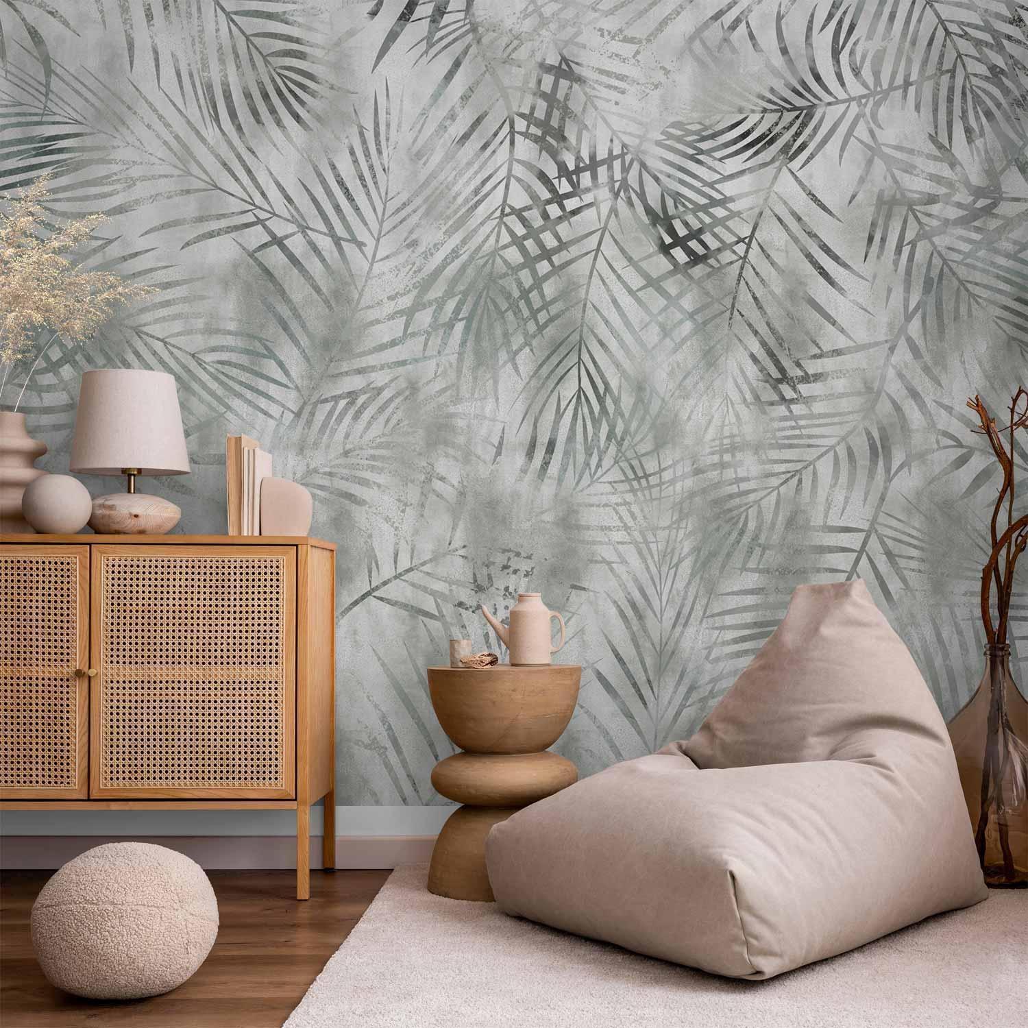 Papier peint - Minimalist landscape - nature motif with grey exotic leaves