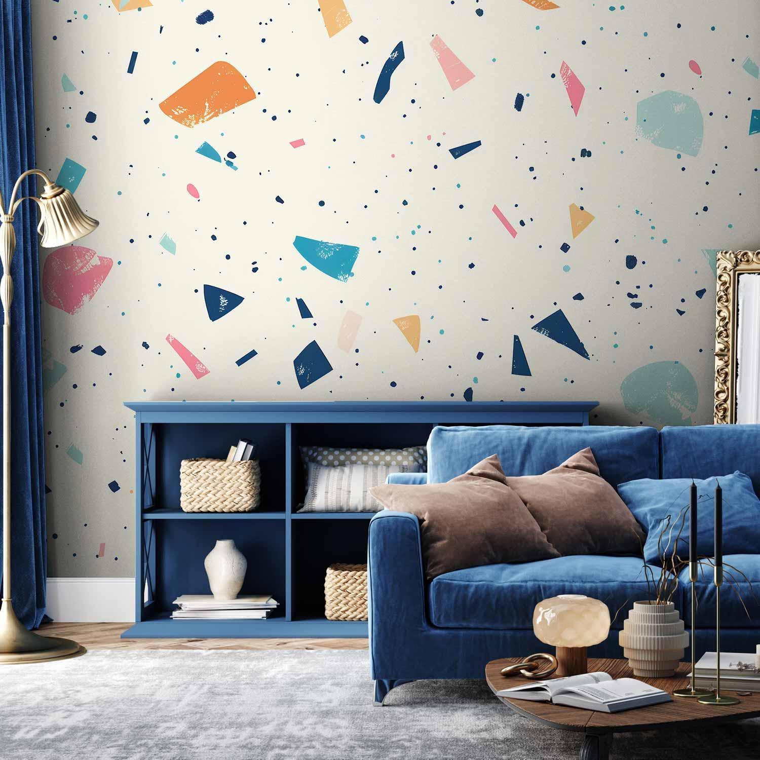 Papier peint - Terrazzo with Multicolored Large Elements Cheerful Pattern on a Light Background