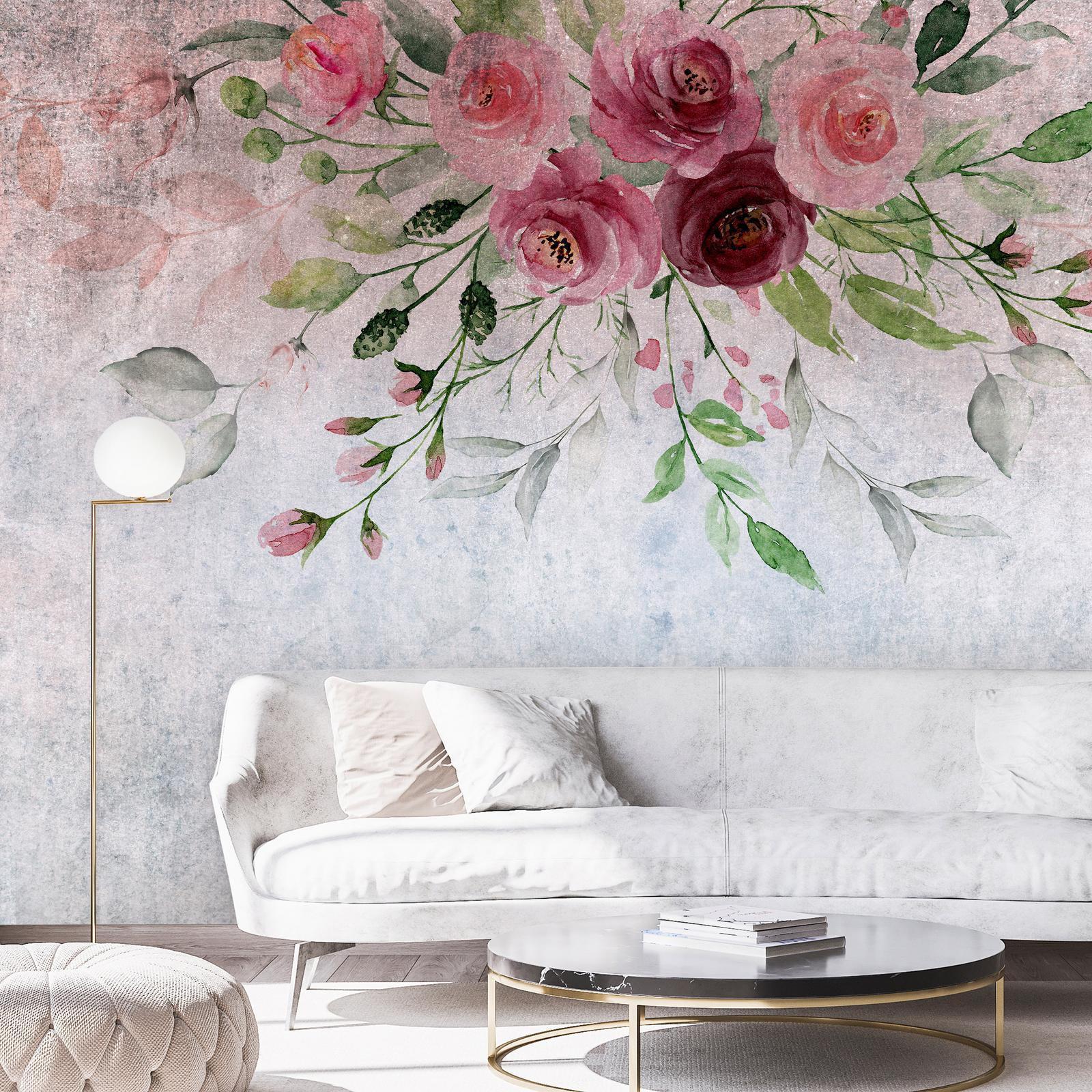 Papier peint - Summer bloom - plant motif with flowers and leaves in pink tones