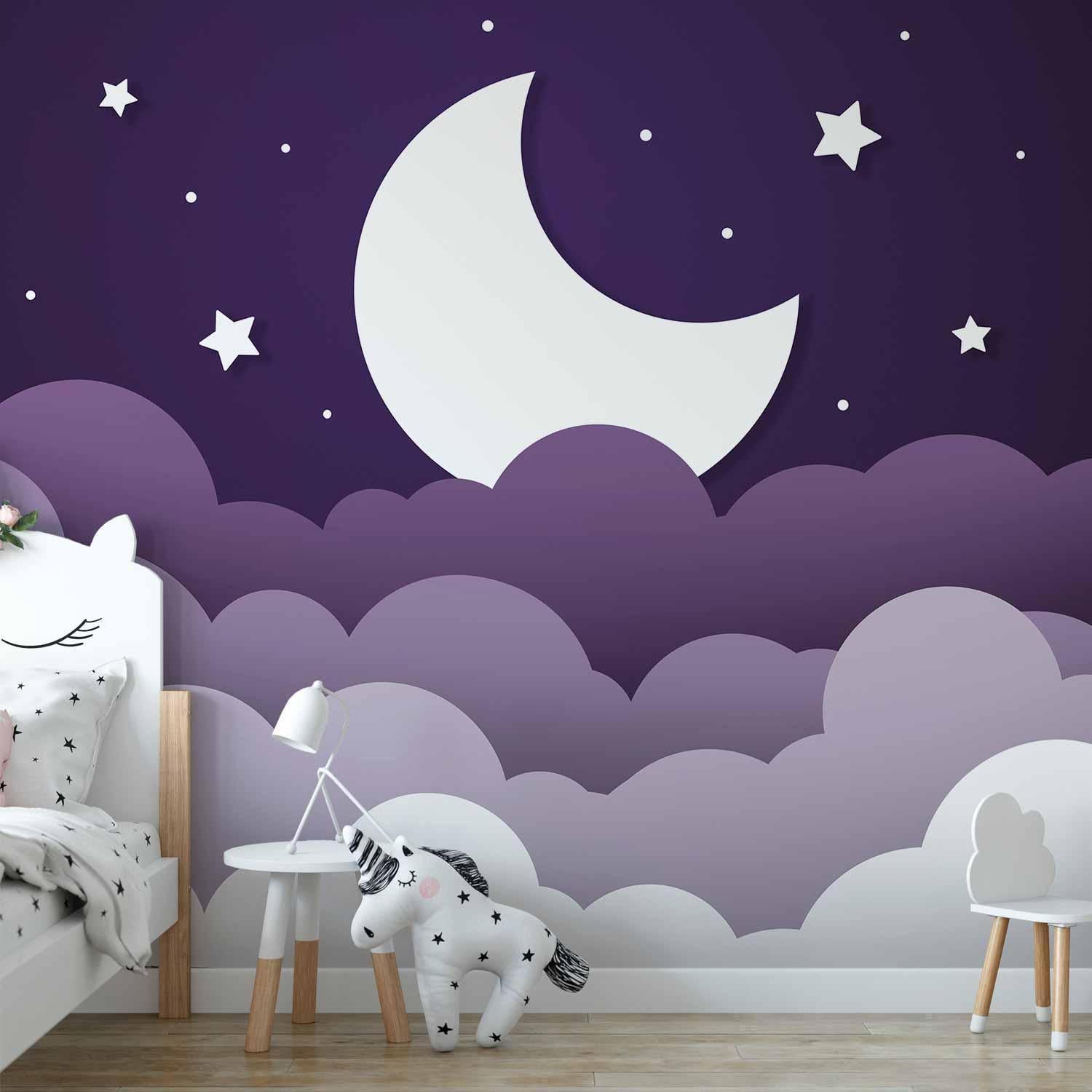 Papier peint - Moon dream - clouds in a purple sky with stars for children