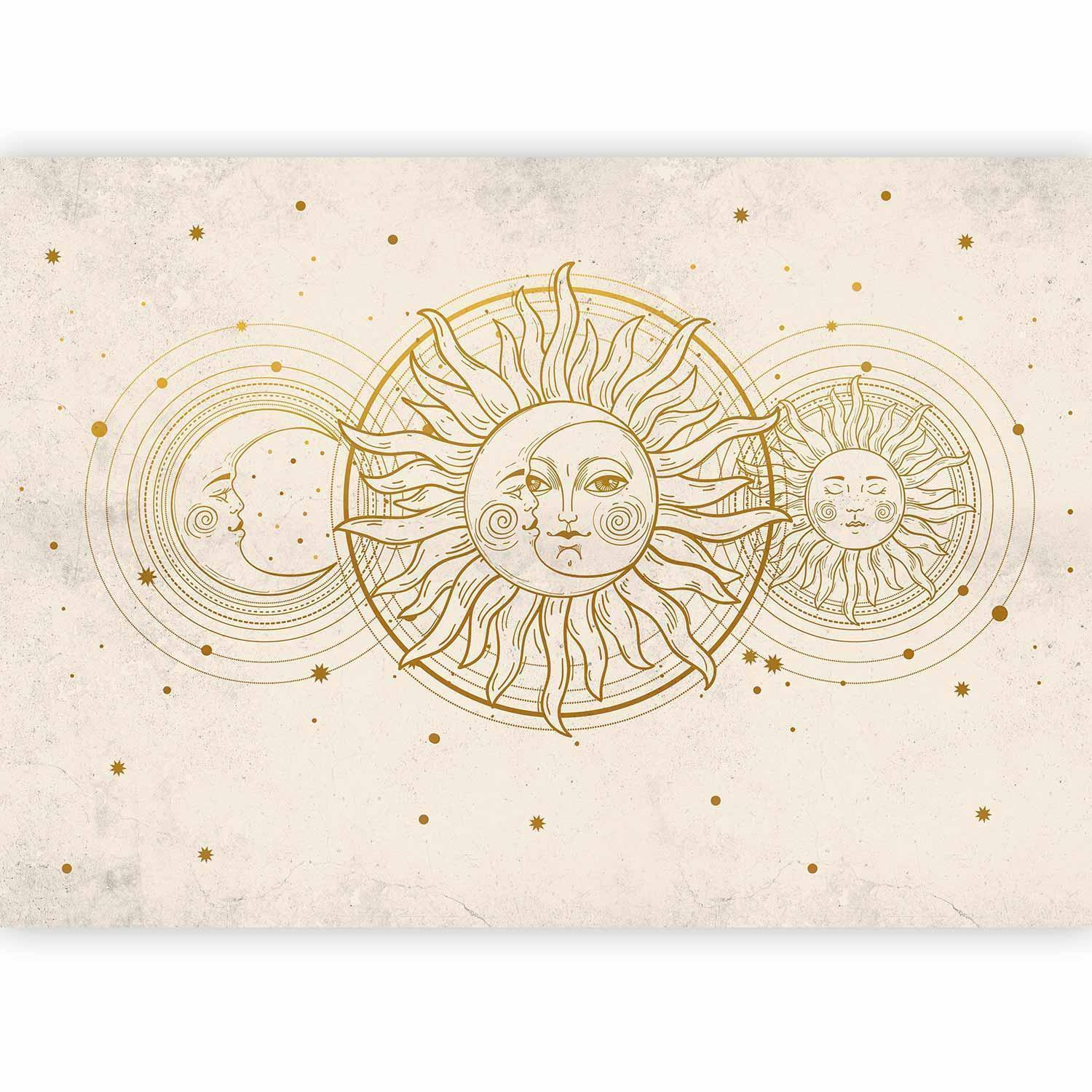 Papier peint - Golden Sun and Moon - Artistic Illustration in Retro Style