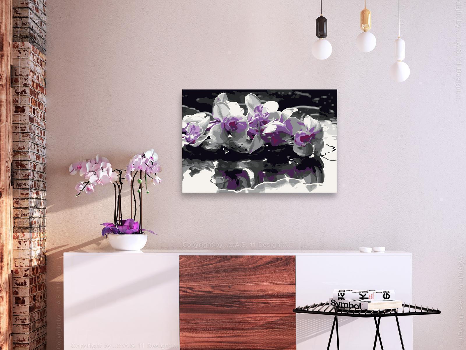 Peinture par numéros - Purple Orchid (Black Background & Reflection In The Water)