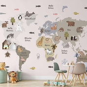 Papier peint - Pastel Map - Animals and Continents for Children's Room