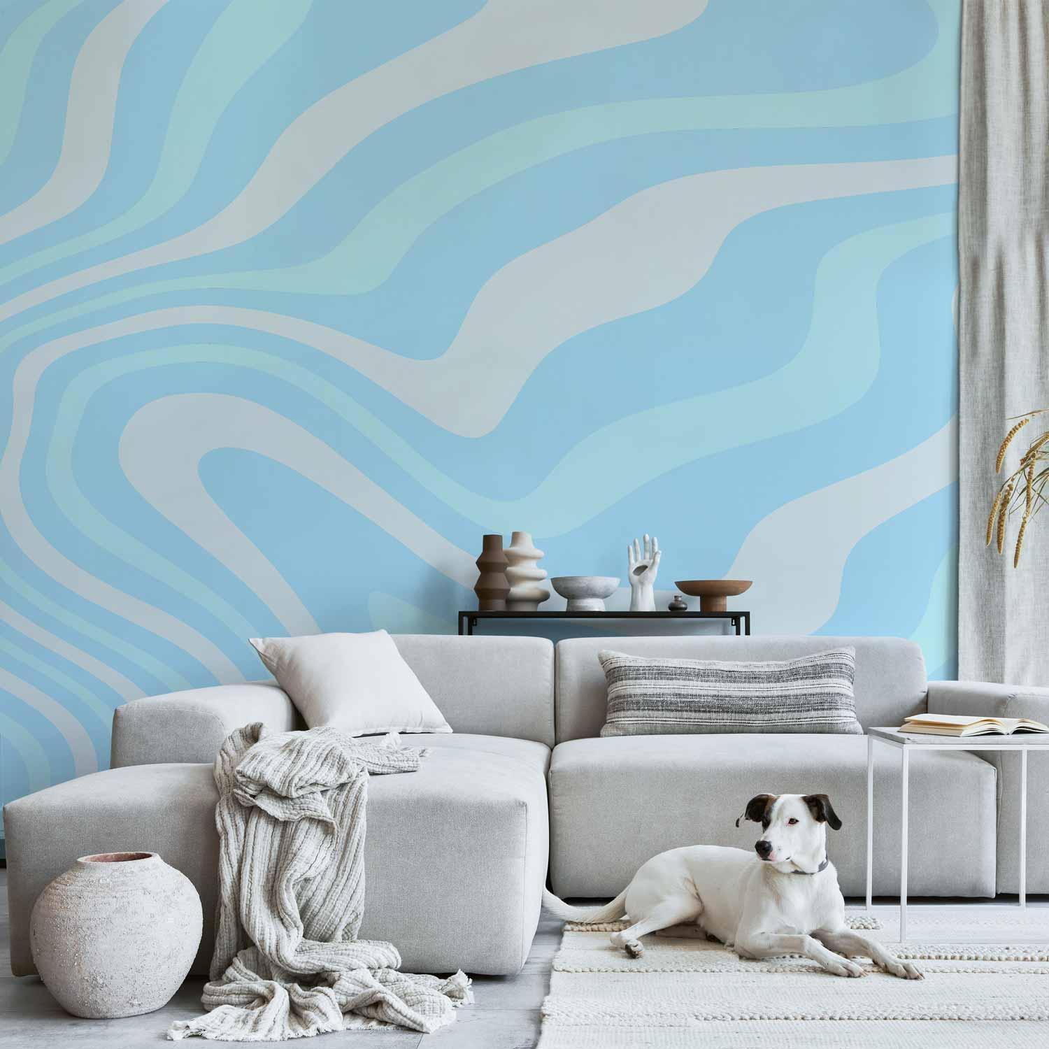 Papier peint - Composition in Blues and Whites - Harmonious Abstract Waves in a Cool Color Tone