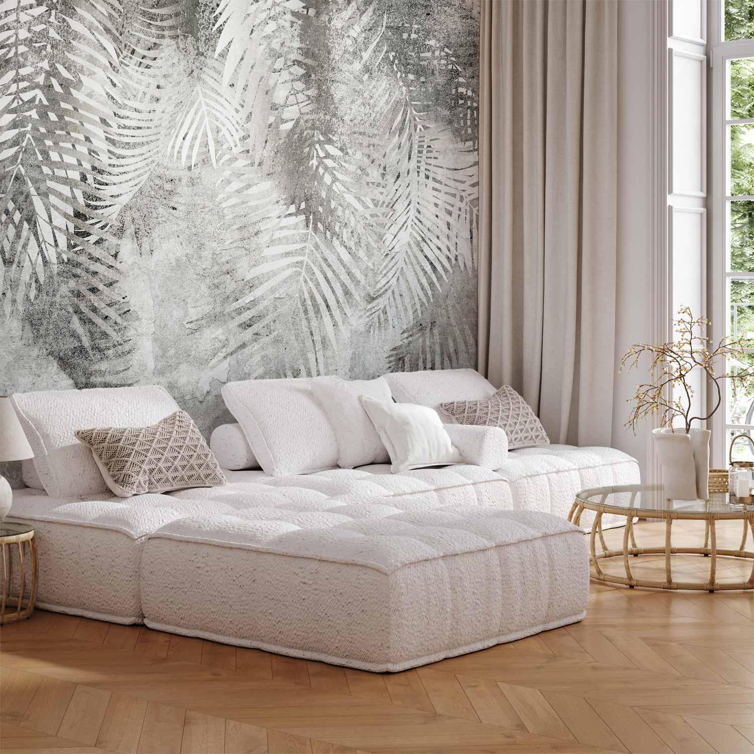 Papier peint - Light and shadow - grey and white composition with floral motif and pattern