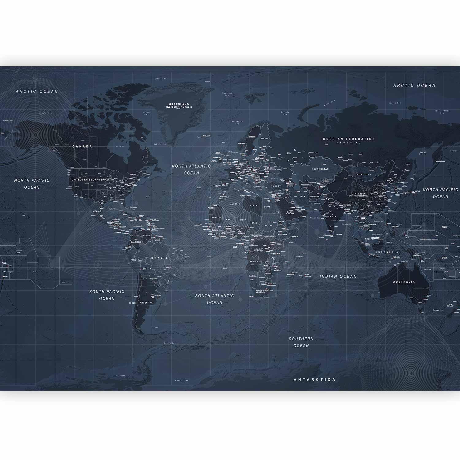 Papier peint - World map in blue - continents with inscriptions in English