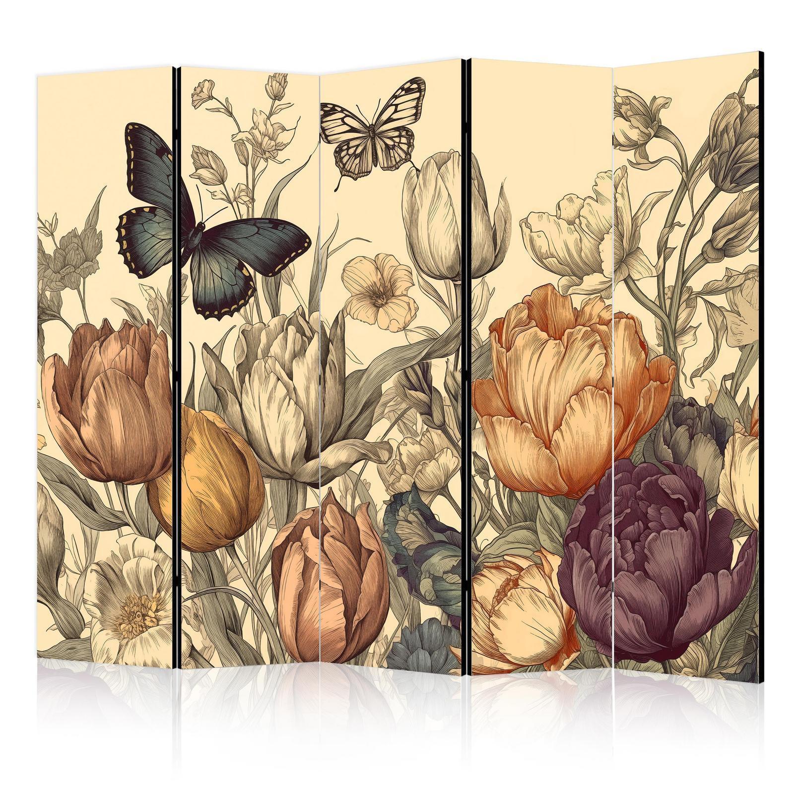 Paravent - Tulips in Cream - Illustration of Flowers and Butterflies on a Light Background