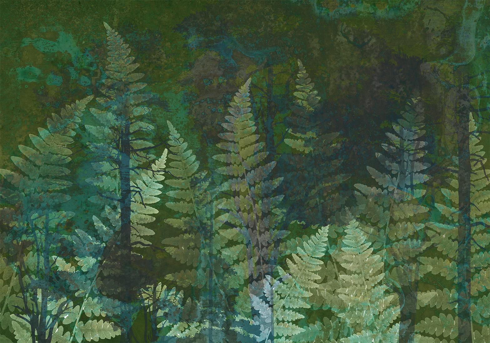 Papier peint - Green abstraction in the forest - fern leaves in the trunks with patterns