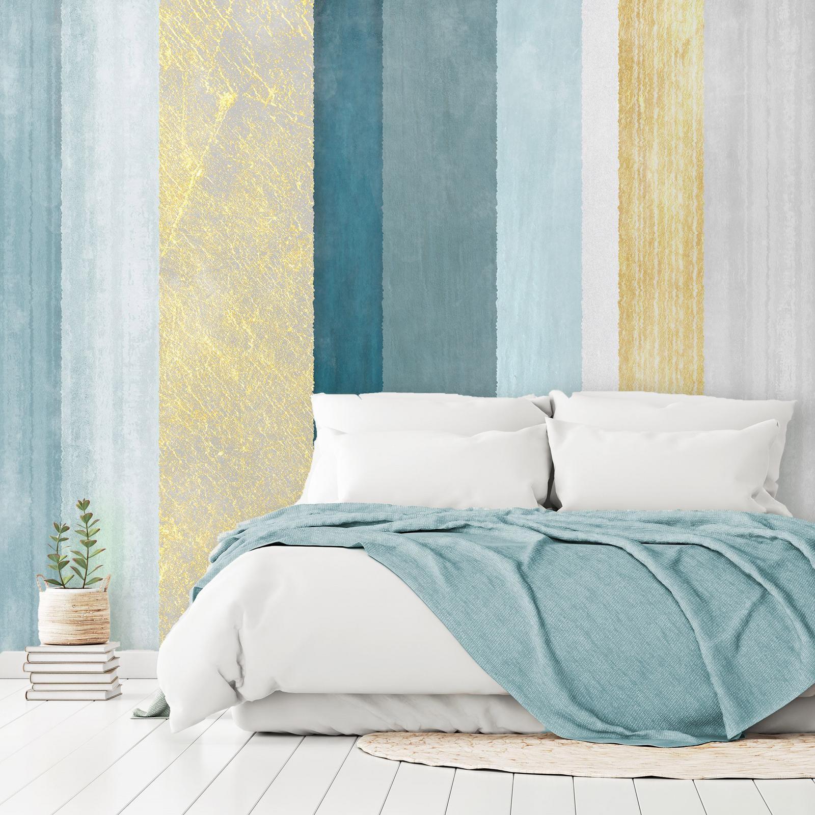 Papier peint - Striped pattern - abstract background in stripes in blue tones with gold pattern