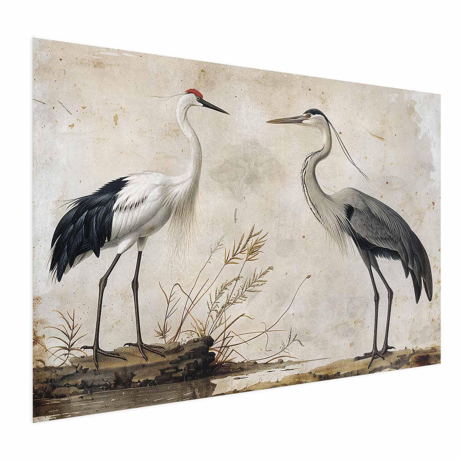 Poster - Birds from an Old Engraving - vintage-style illustration of a heron and a crane