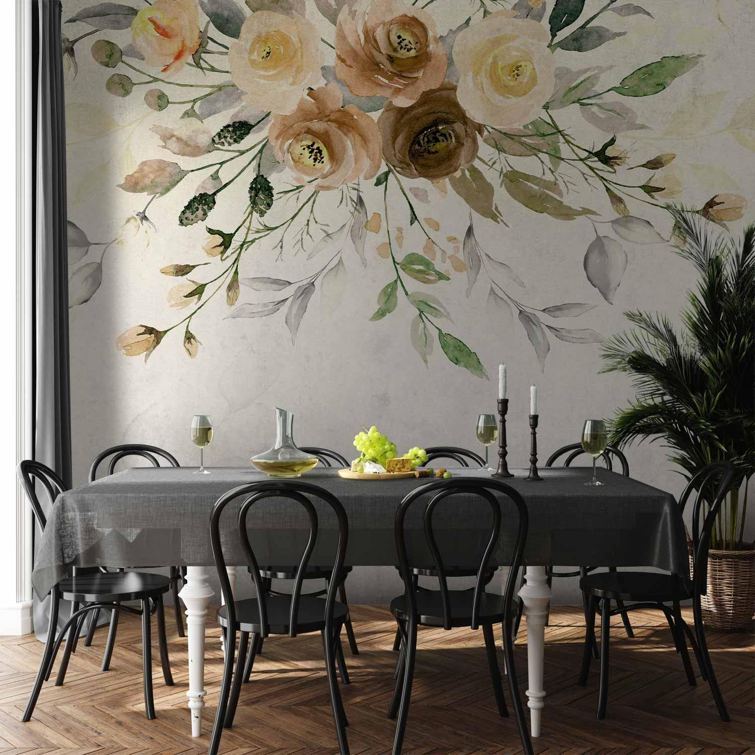 Papier peint - Summer bloom - retro floral motif with flowers and leaves with patterns