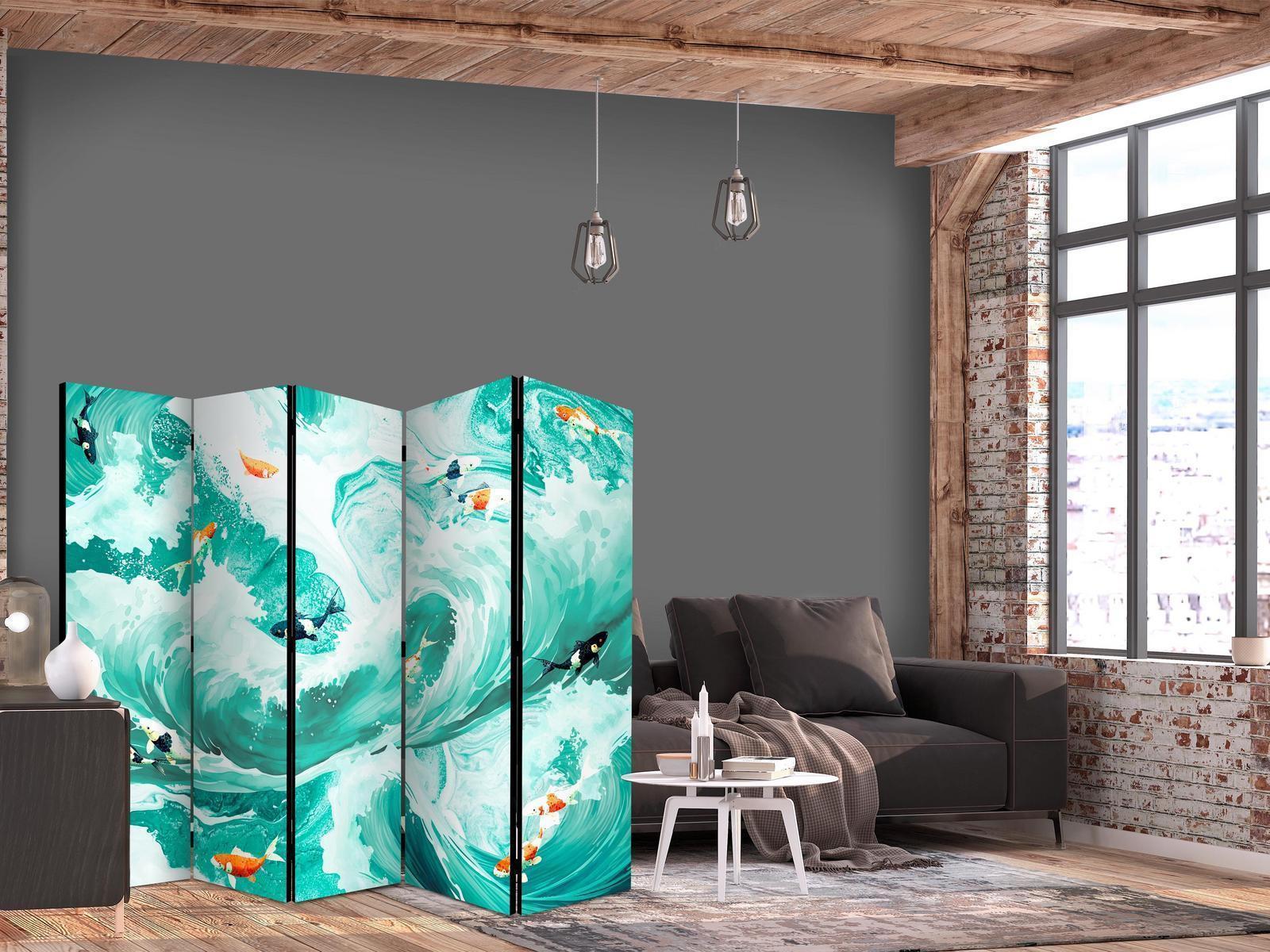 Paravent - Koi Fish Among Waves - Japanese Fish Amid Waves in Shades of Turquoise And White