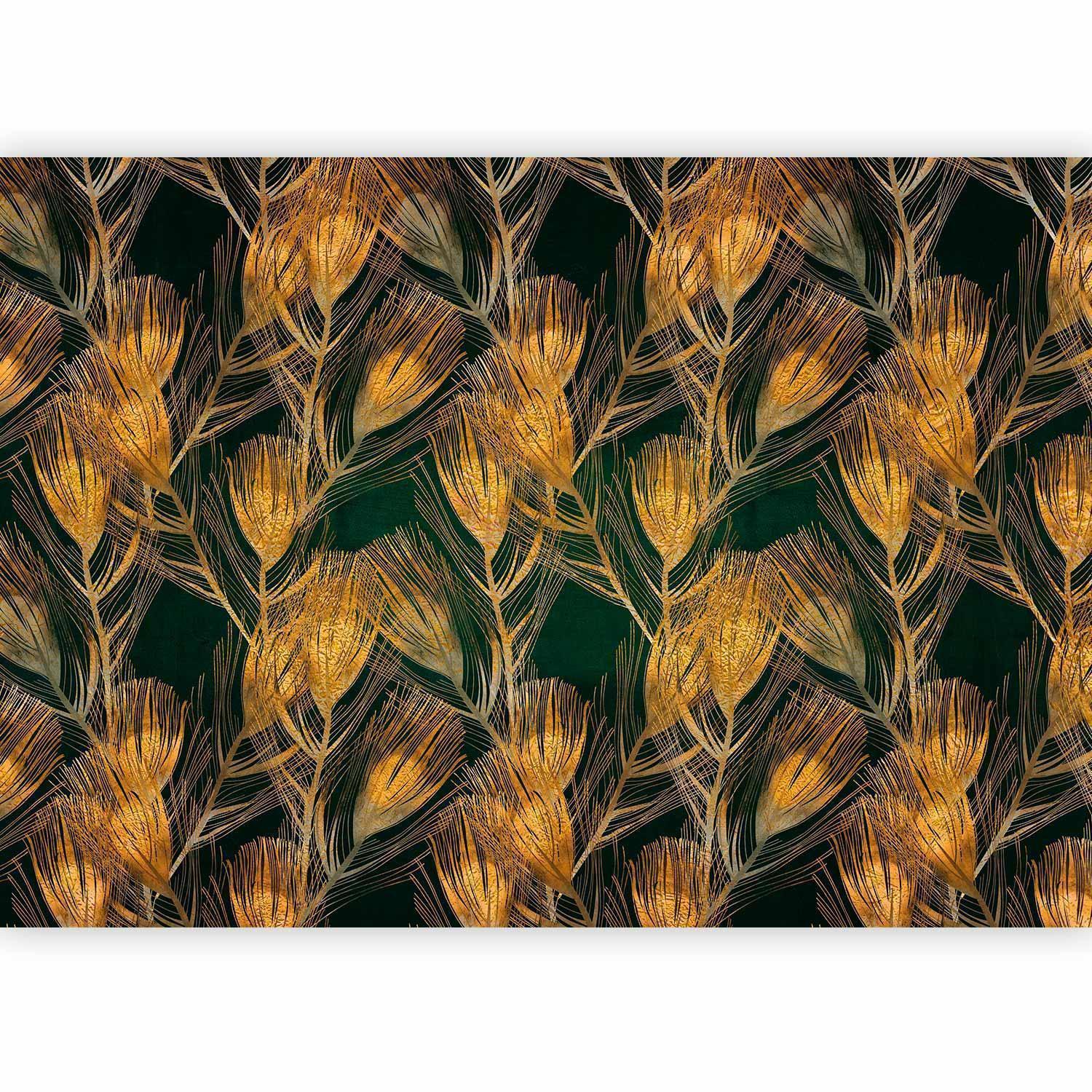 Papier peint - Golden peacock feathers - solid background with bird pattern on green background