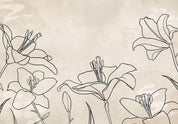 Papier peint - Sketch of nature - minimalist lineart with lily flowers on a beige background
