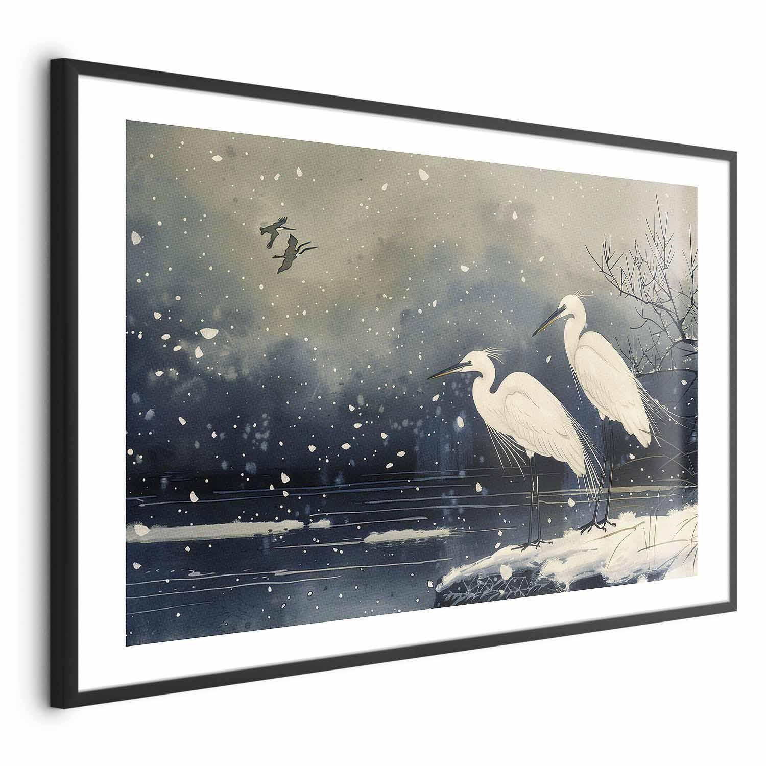 Poster - Herons over a Winter Pond - illustration in the Japanese style in dark colors