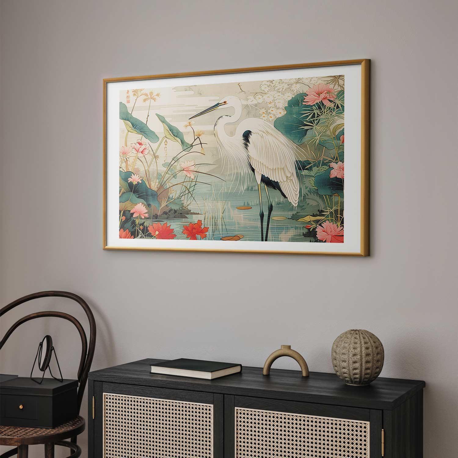 Poster - Over the Asian Pond - illustration in the Japanese print style featuring a heron