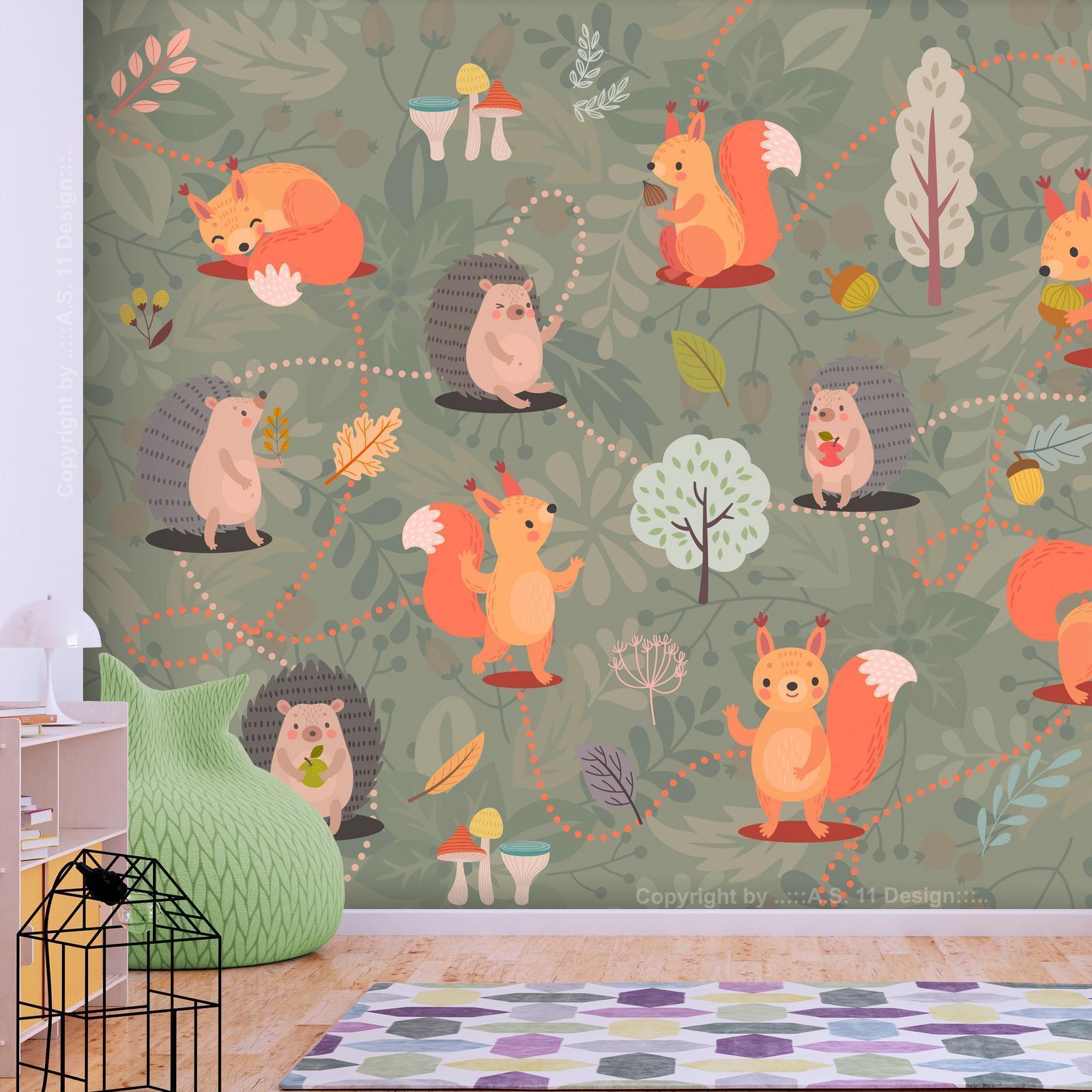 Papier peint - Friends from the forest - colourful forest with mushrooms and animals for children