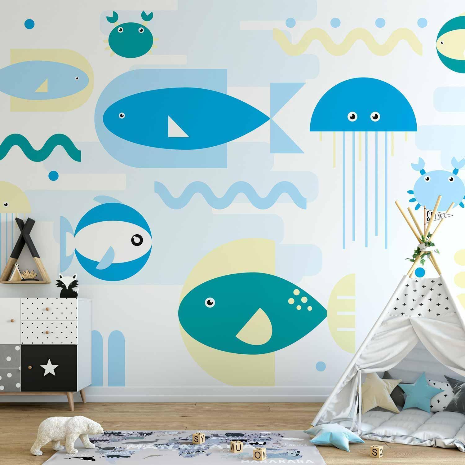 Papier peint - Animals in the sea - geometric blue fish in water for kids