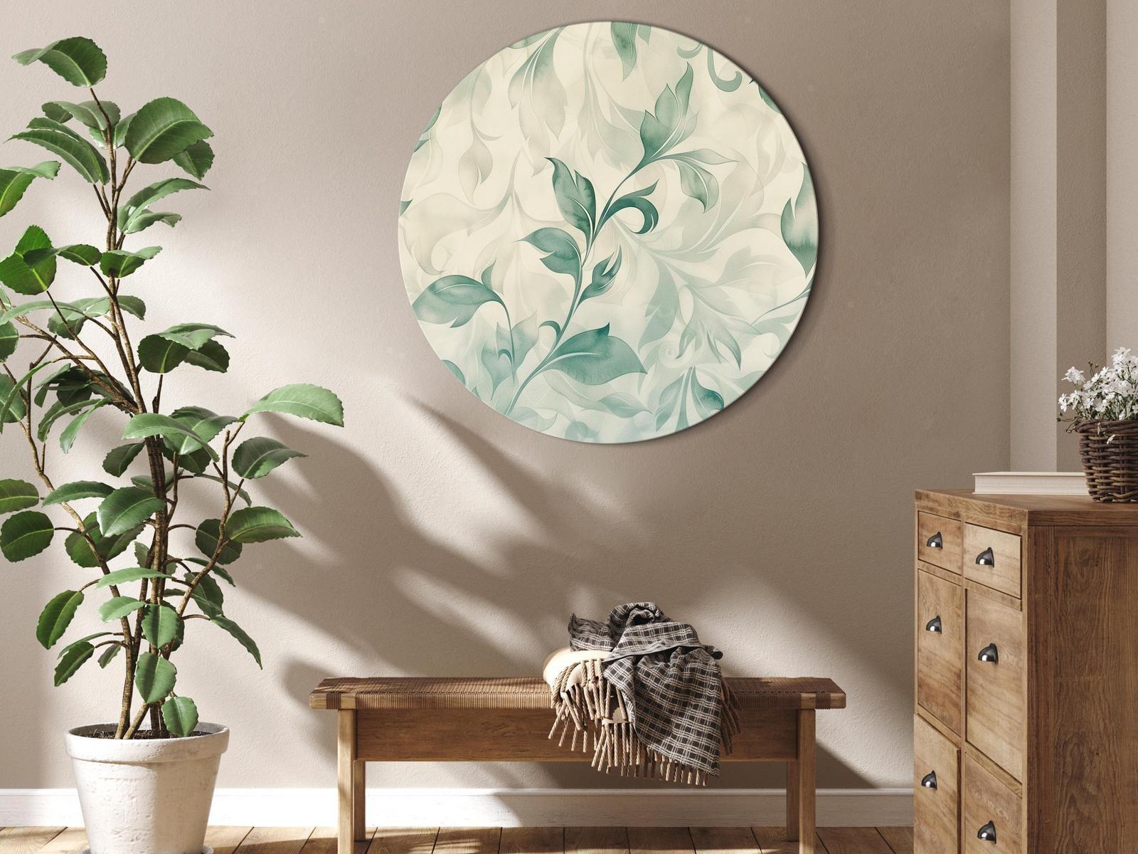 Tableau rond - Watercolor Botanical Motif: Delicate Green-Beige Leaves