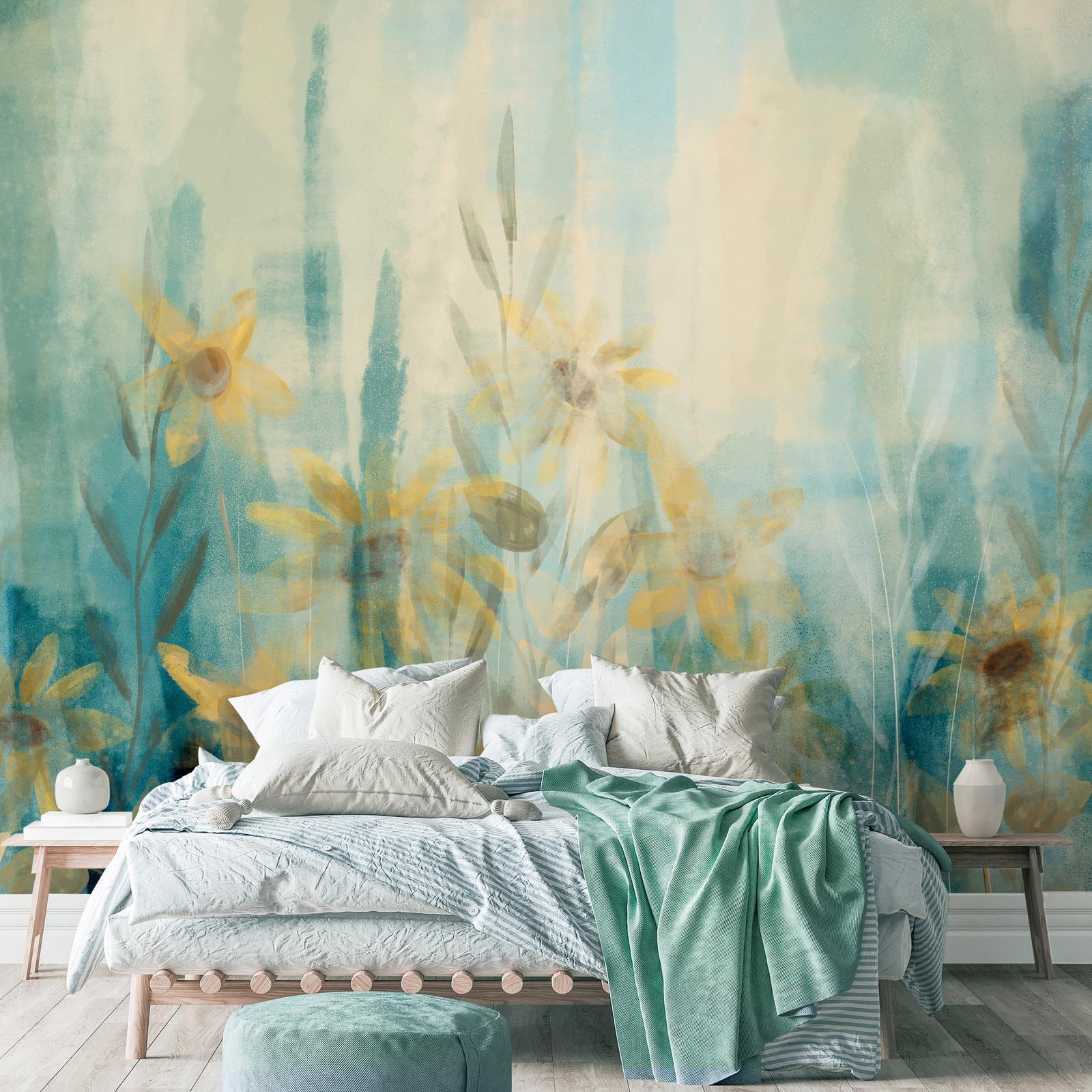 Papier peint - A touch of summer - floral motif with a meadow of flowers in blue tones