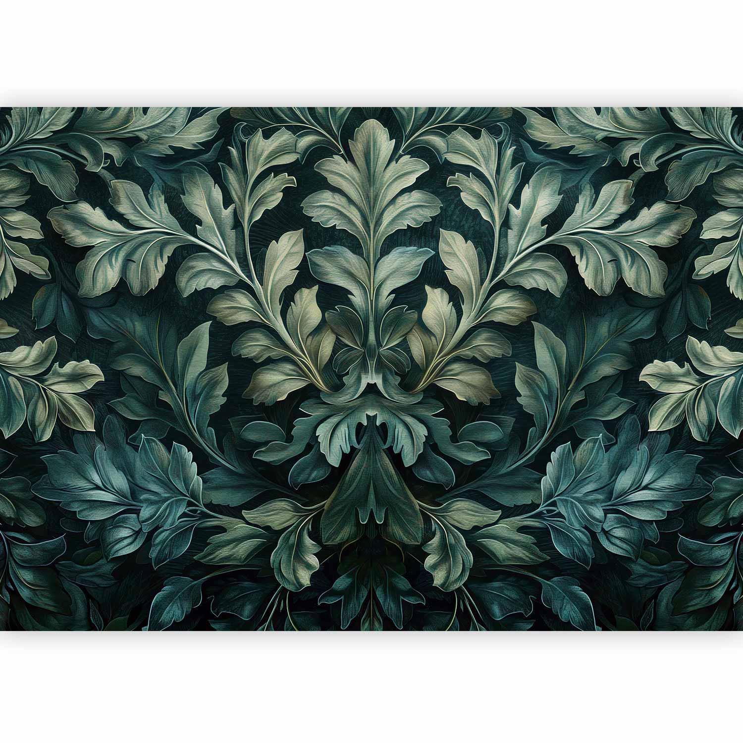 Papier peint - Dark Green Victorian Leaves: Botanical Carved Composition