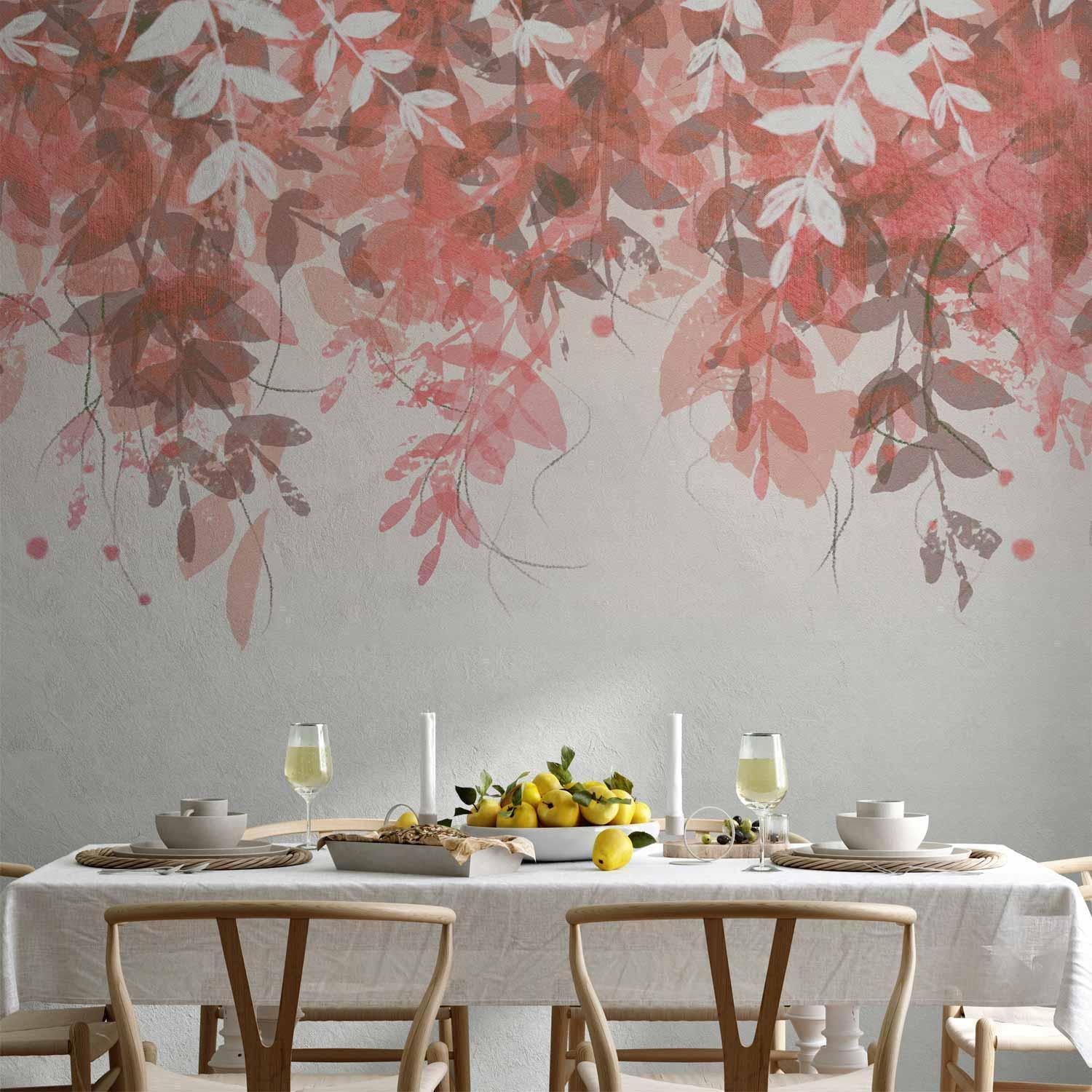 Papier peint - Under vegetation - hanging vines of pink leaves on a neutral background