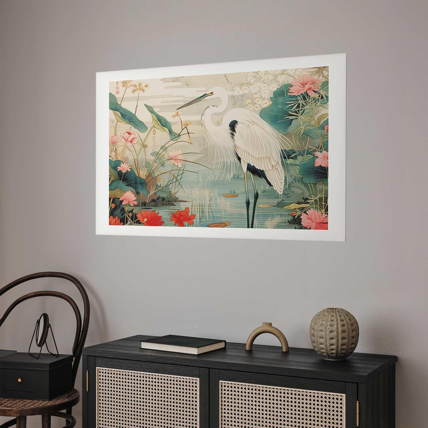 Poster - Over the Asian Pond - illustration in the Japanese print style featuring a heron