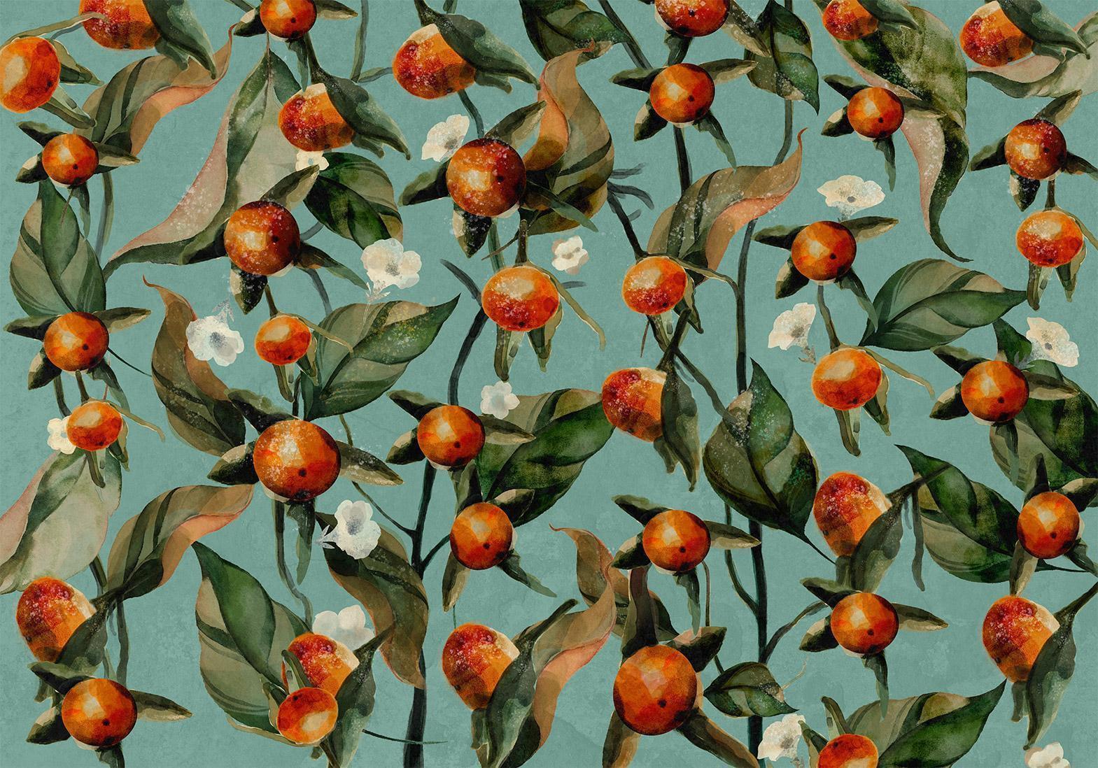 Papier peint - Orange grove - plant motif with fruit and leaves on a blue background